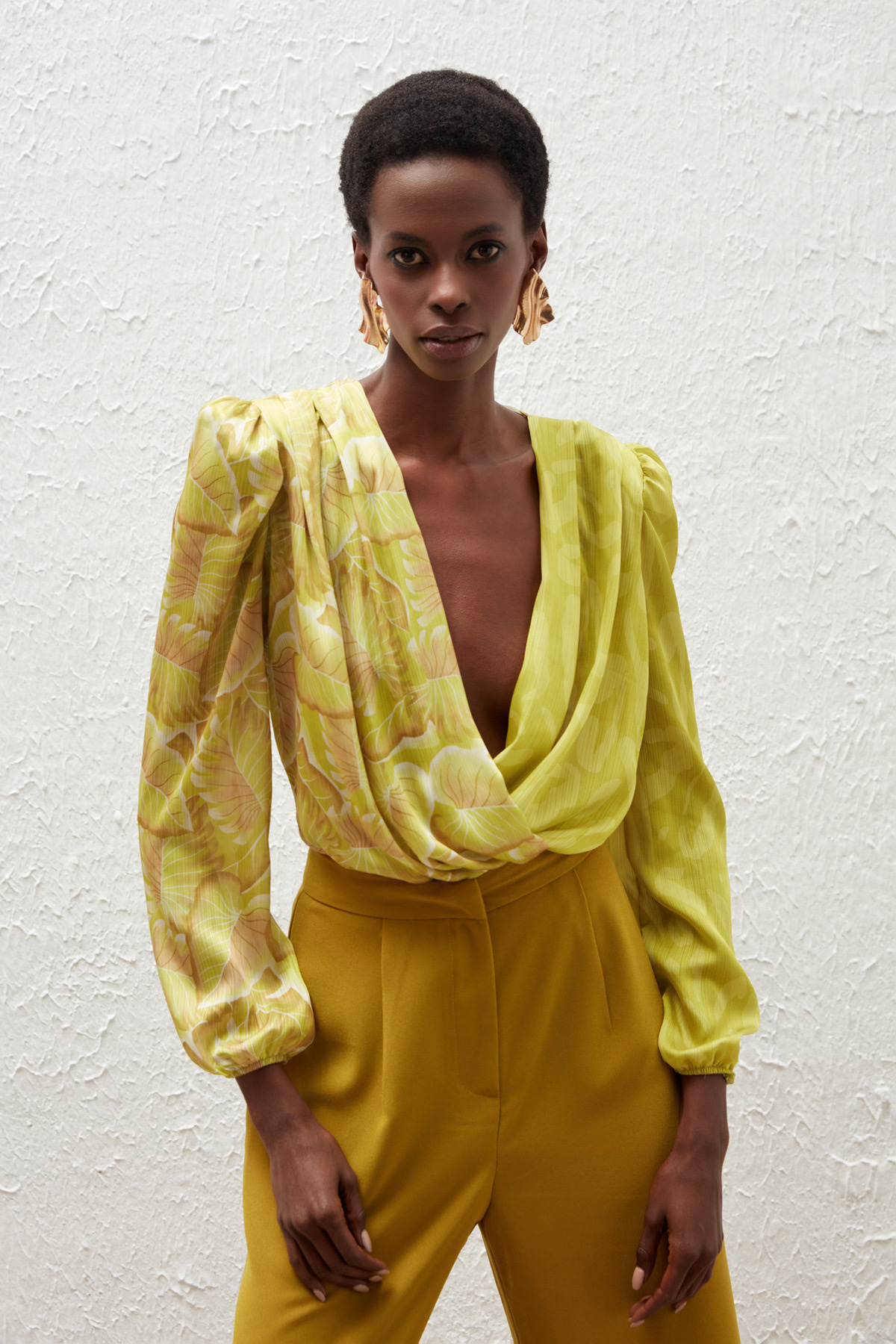 Kruvaze Desenli Bodysuit Bluz - OLİVE