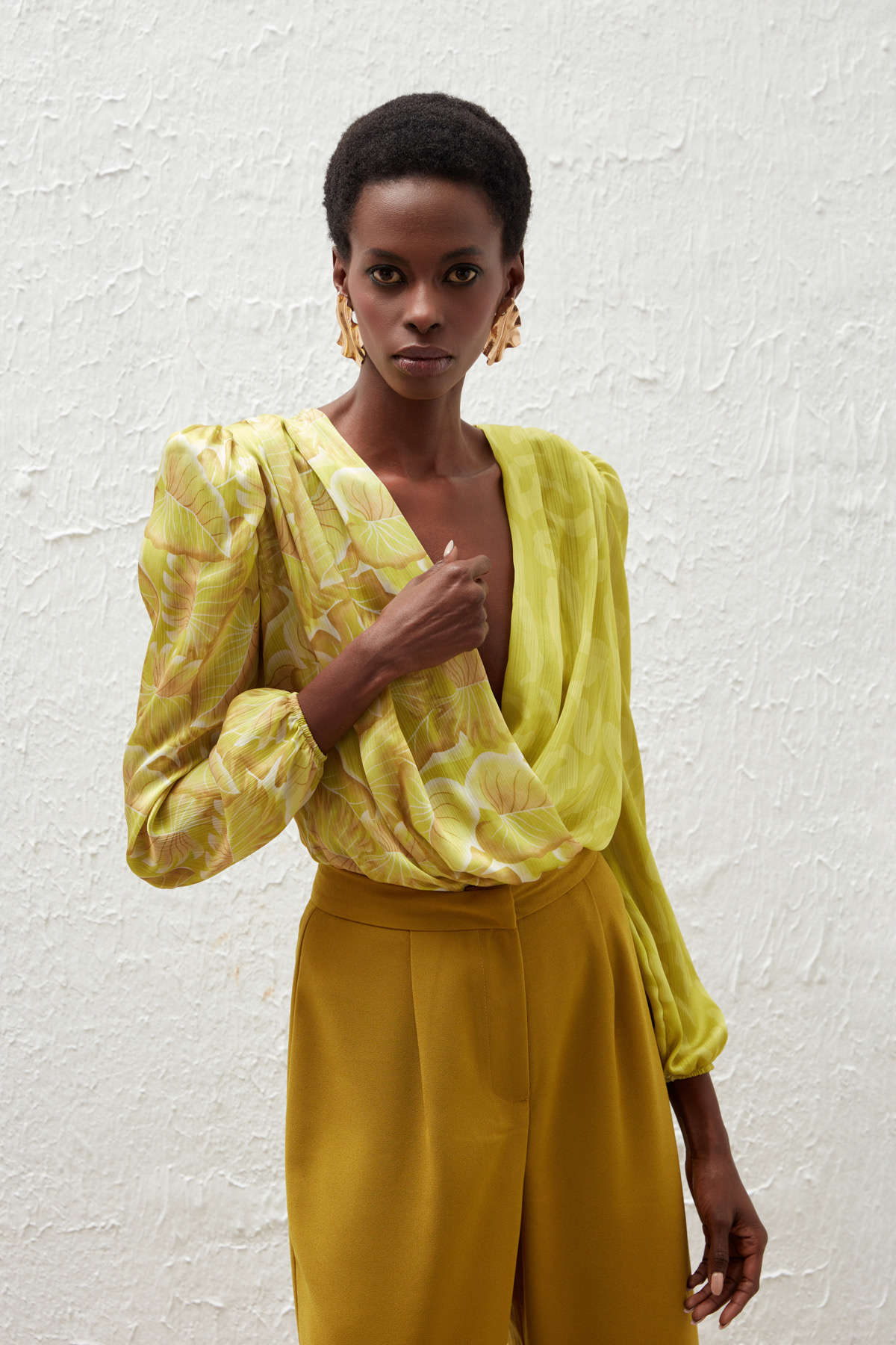 Kruvaze Desenli Bodysuit Bluz - OLİVE