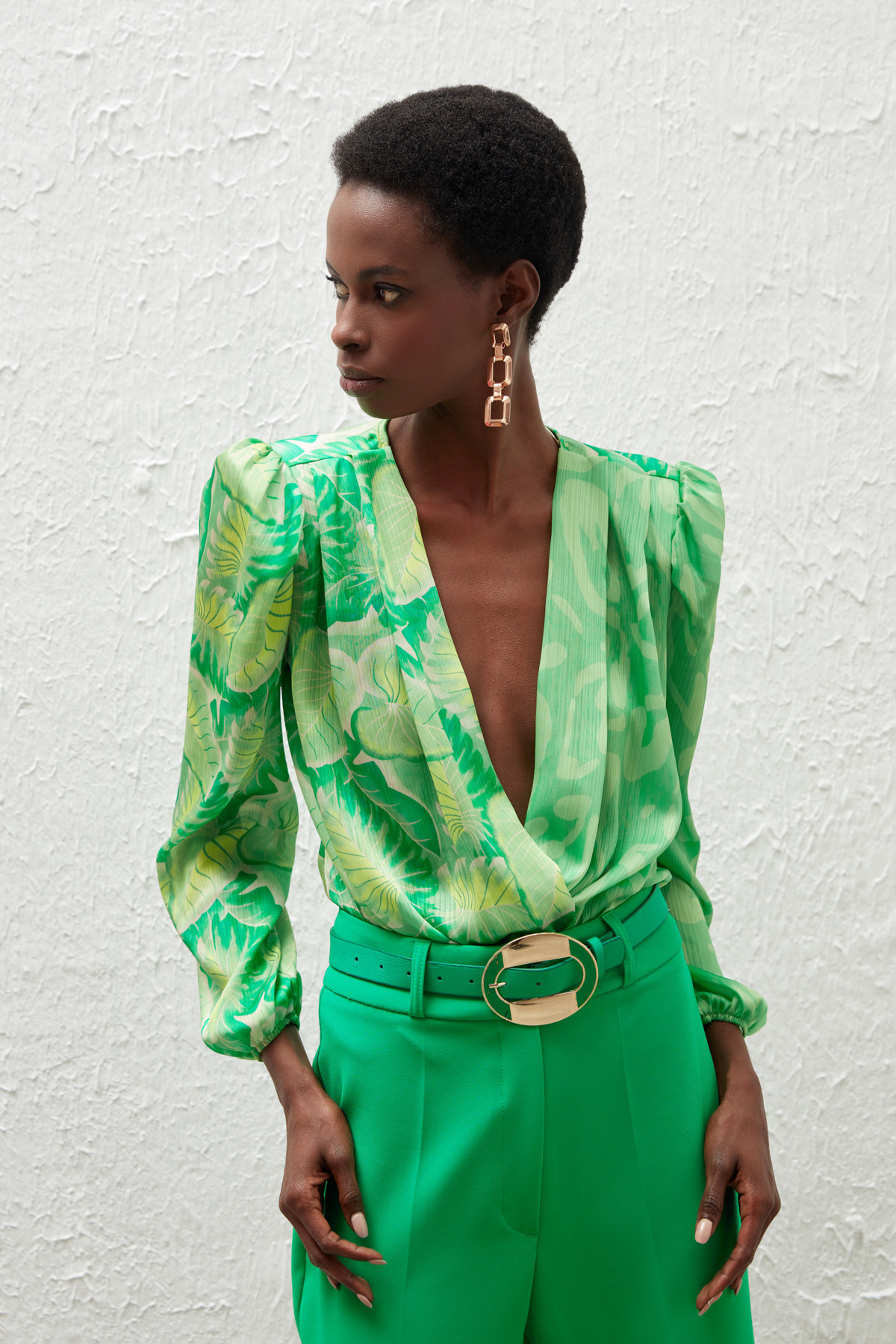 Kruvaze Desenli Bodysuit Bluz - YEŞİL