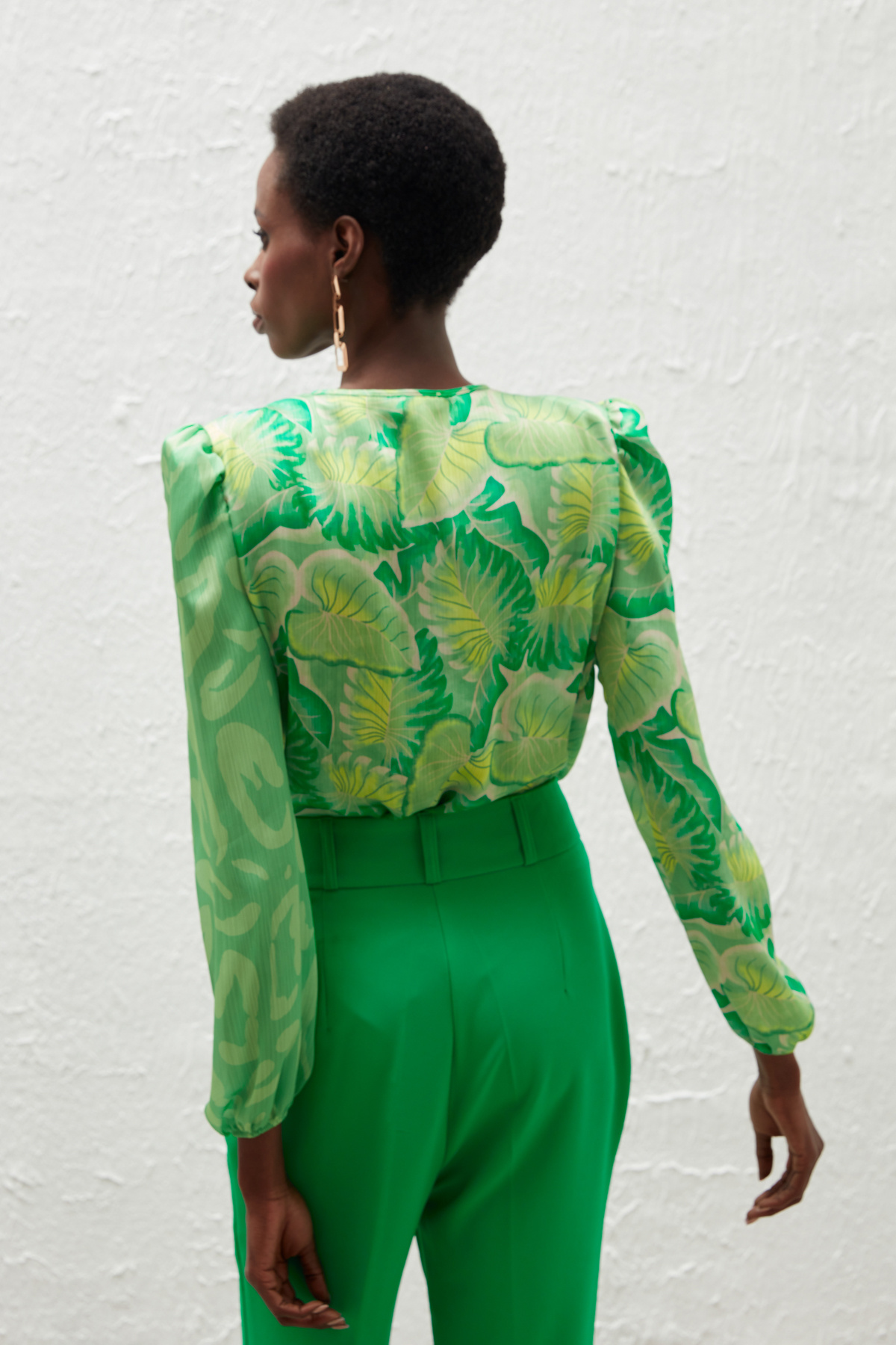 Kruvaze Desenli Bodysuit Bluz - YEŞİL