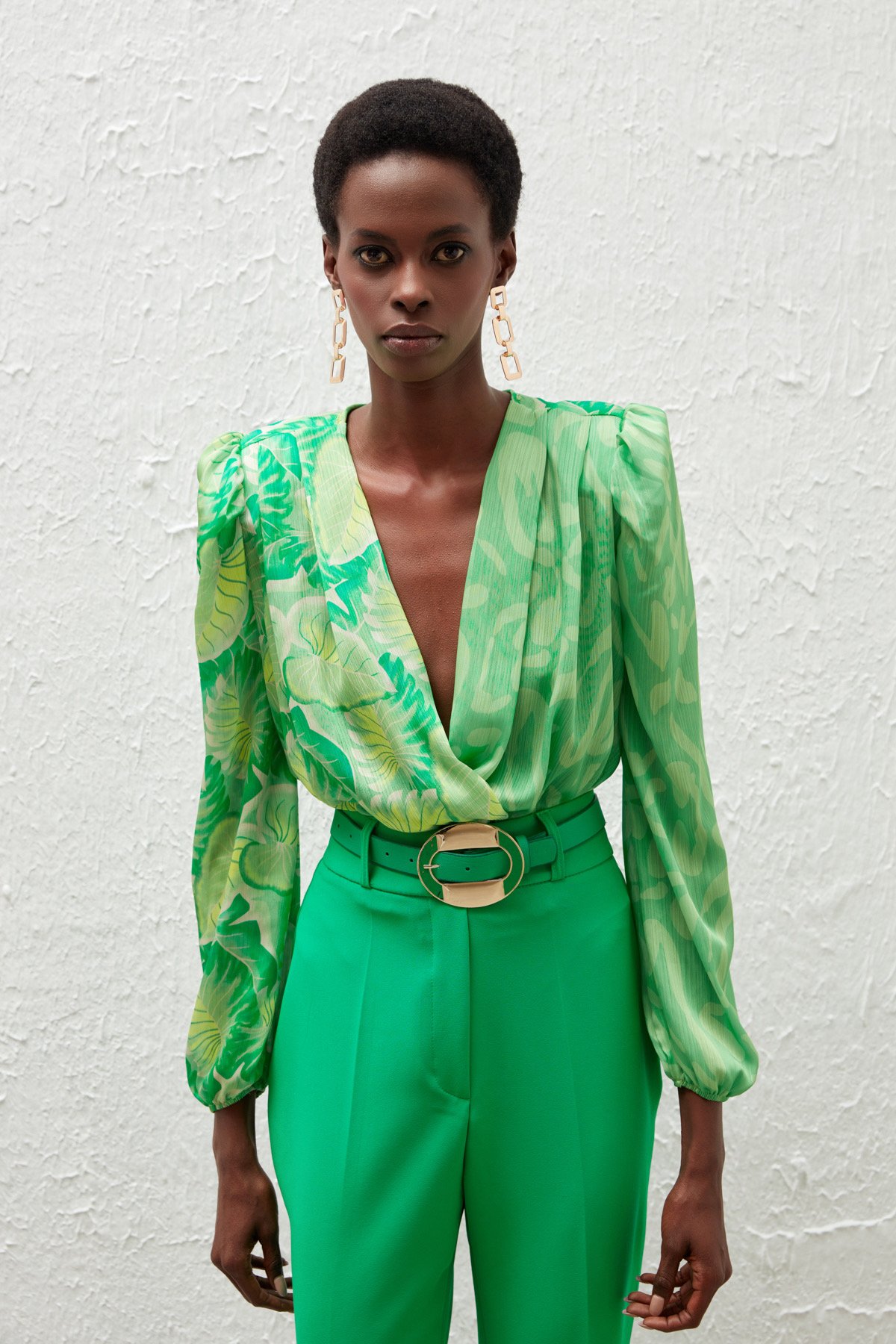 Kruvaze Desenli Bodysuit Bluz - YEŞİL