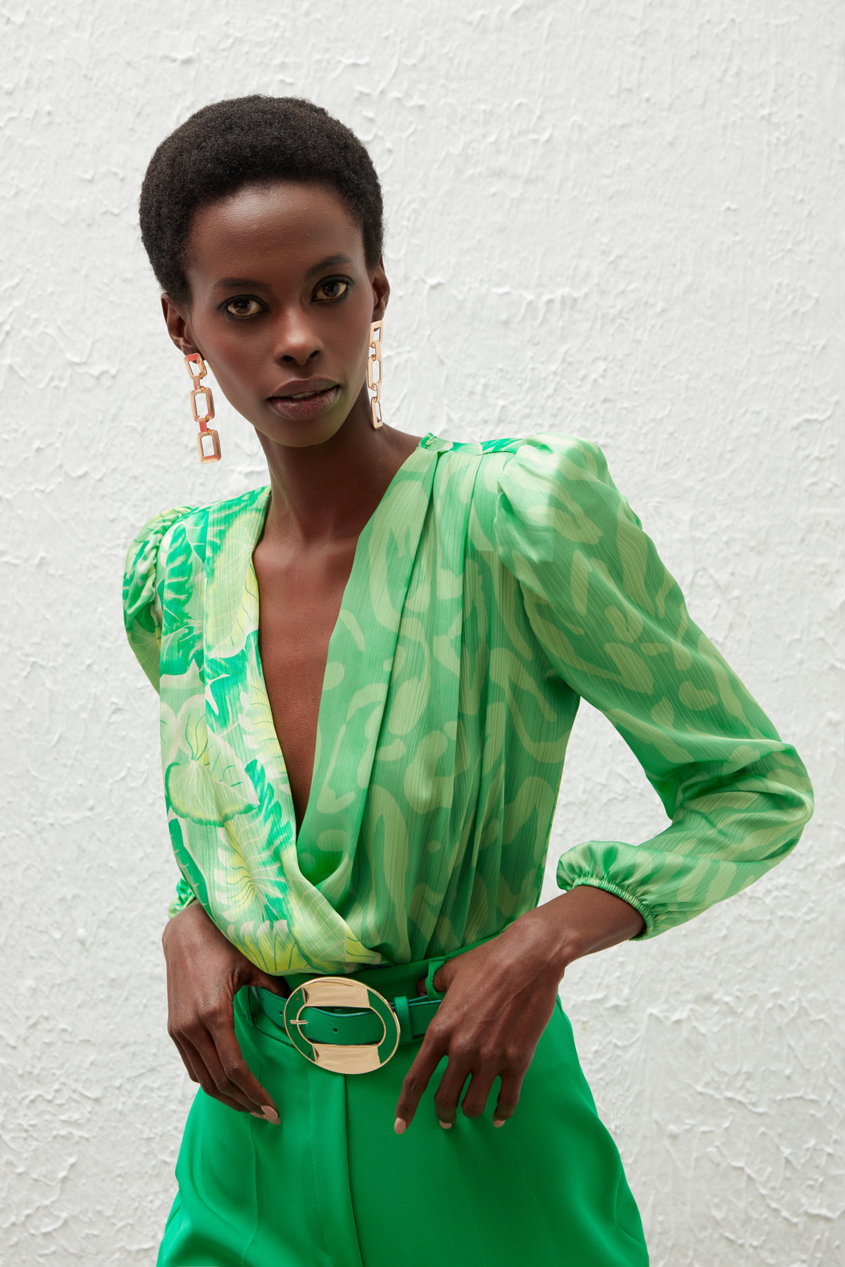 Kruvaze Desenli Bodysuit Bluz - YEŞİL