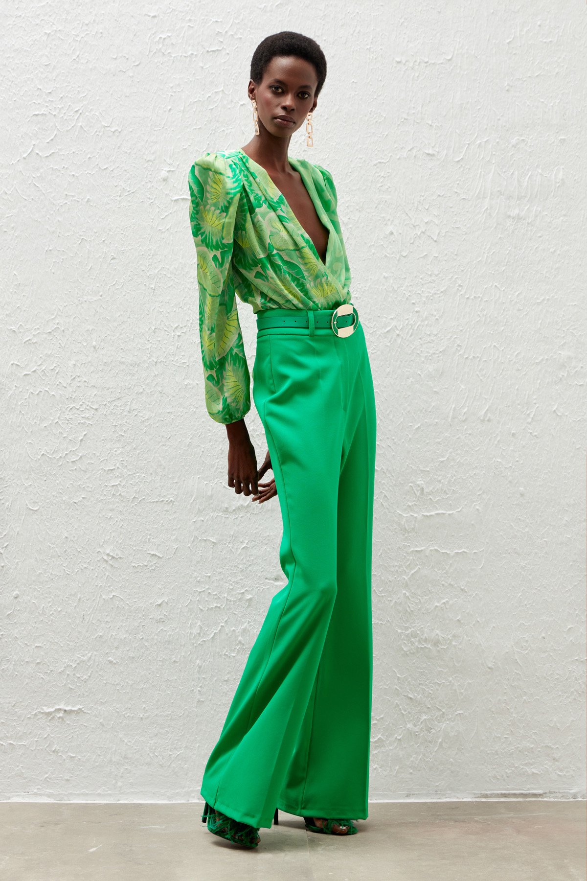 Kruvaze Desenli Bodysuit Bluz - YEŞİL