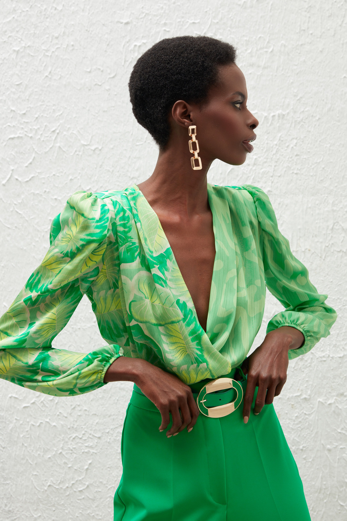 Kruvaze Desenli Bodysuit Bluz - YEŞİL