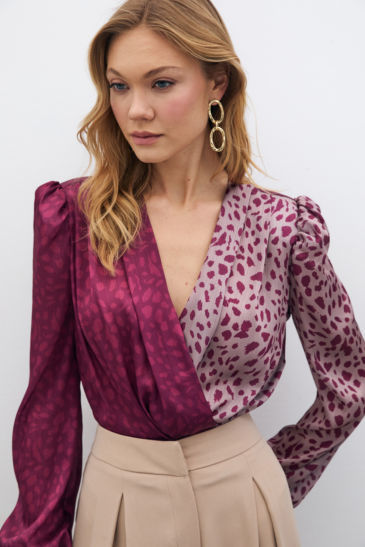 Kruvaze Desenli Bodysuit - Bordo-Pudra