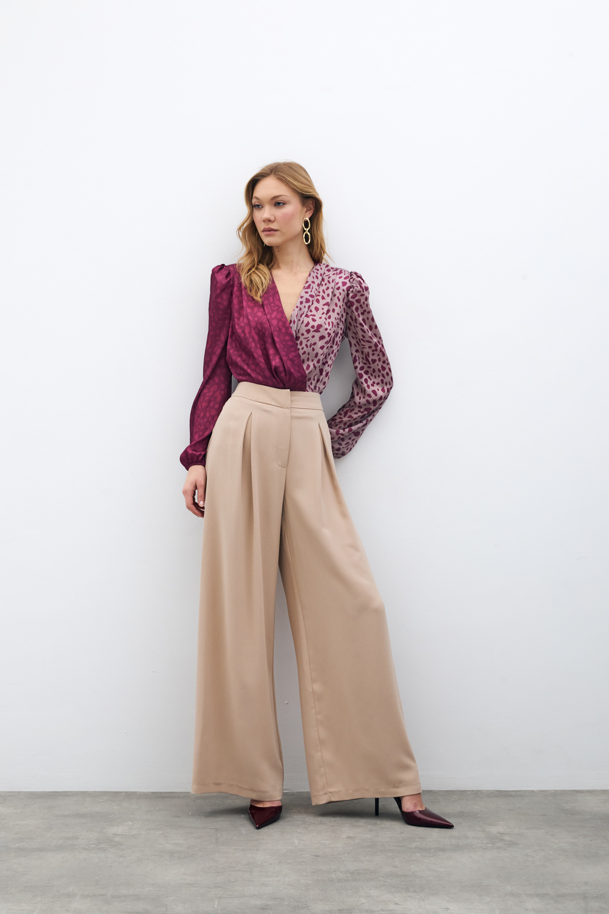 Kruvaze Desenli Bodysuit - Bordo-Pudra