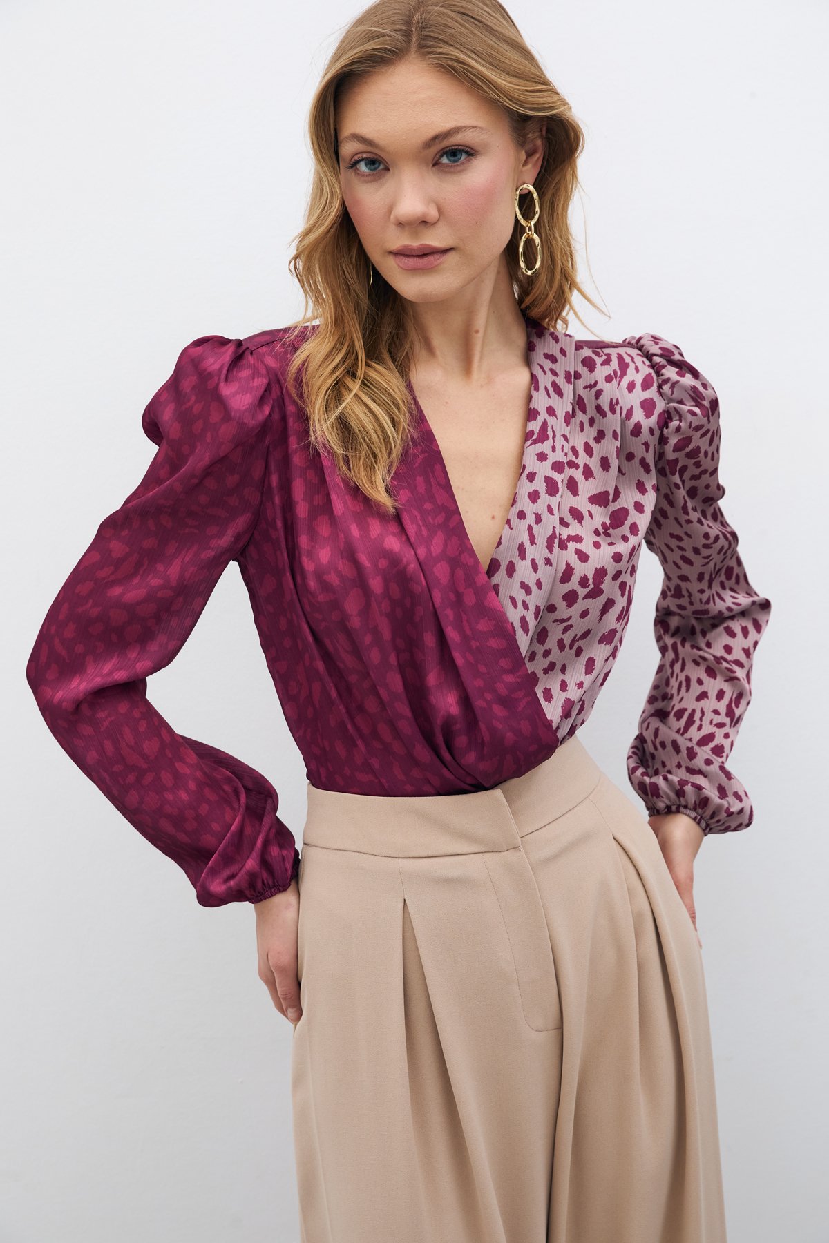 Kruvaze Desenli Bodysuit - Bordo-Pudra