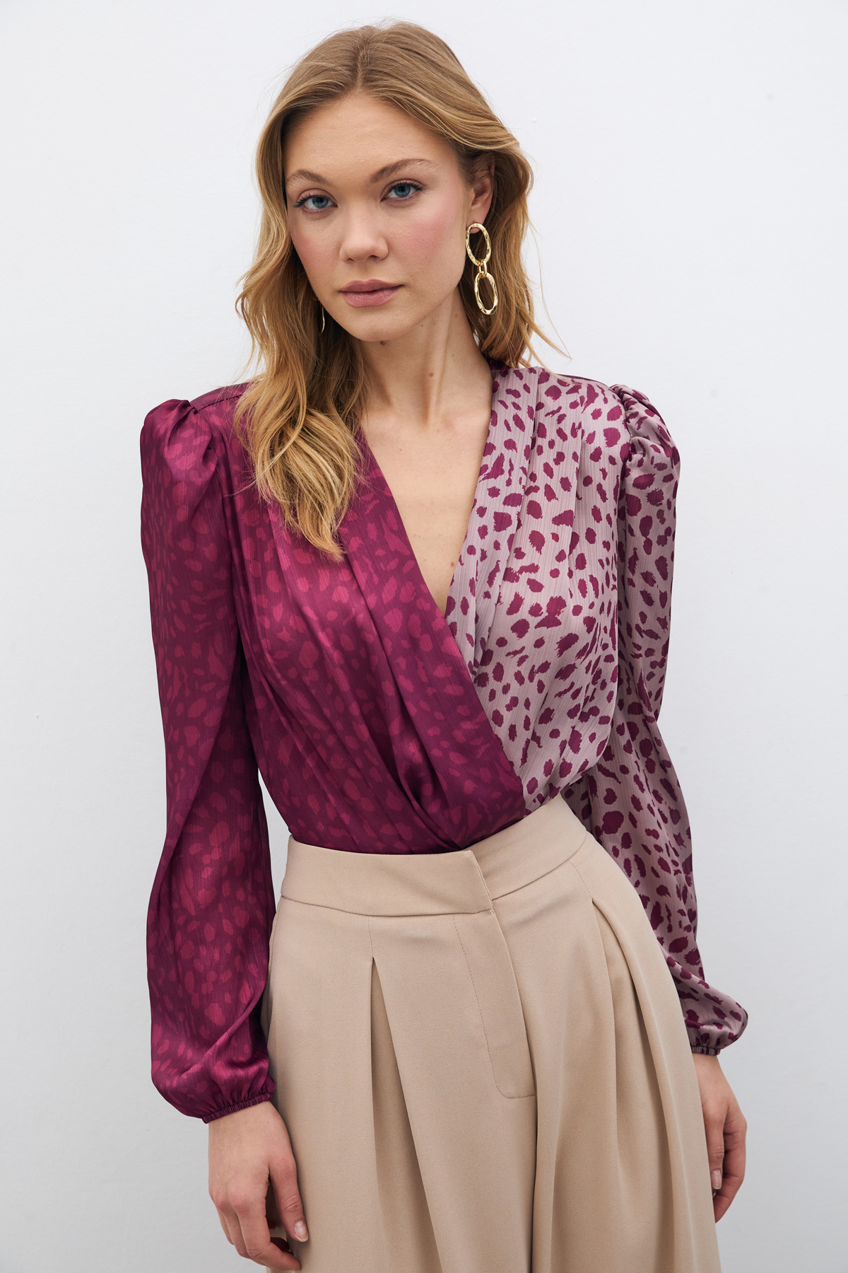 Kruvaze Desenli Bodysuit - Bordo-Pudra