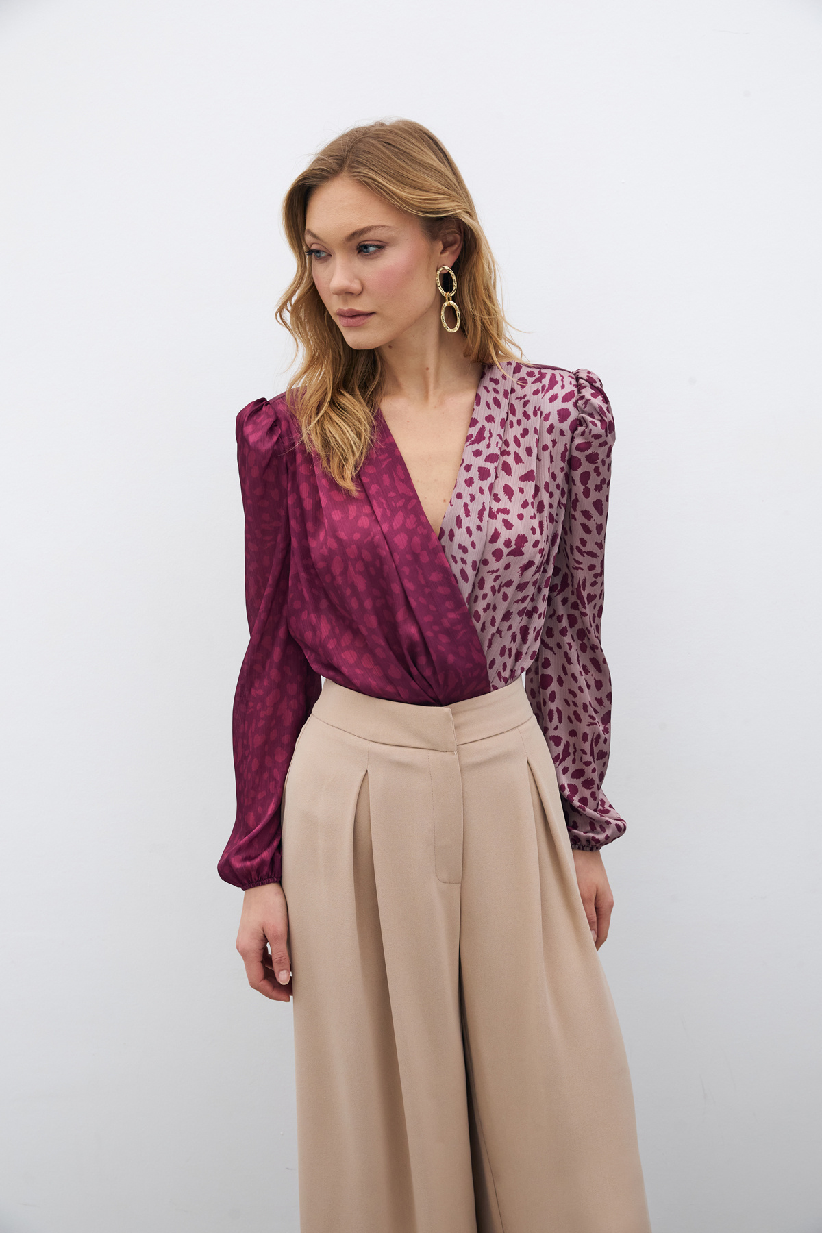 Kruvaze Desenli Bodysuit - Bordo-Pudra