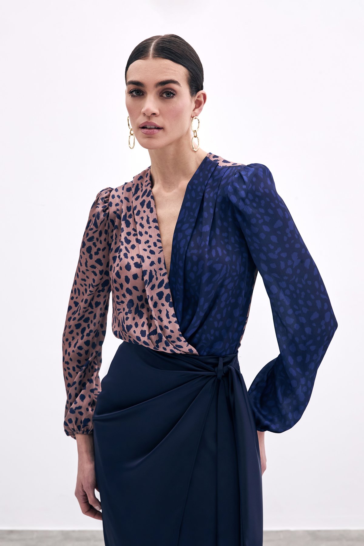 Kruvaze Desenli Bodysuit - Camel-Lacivert