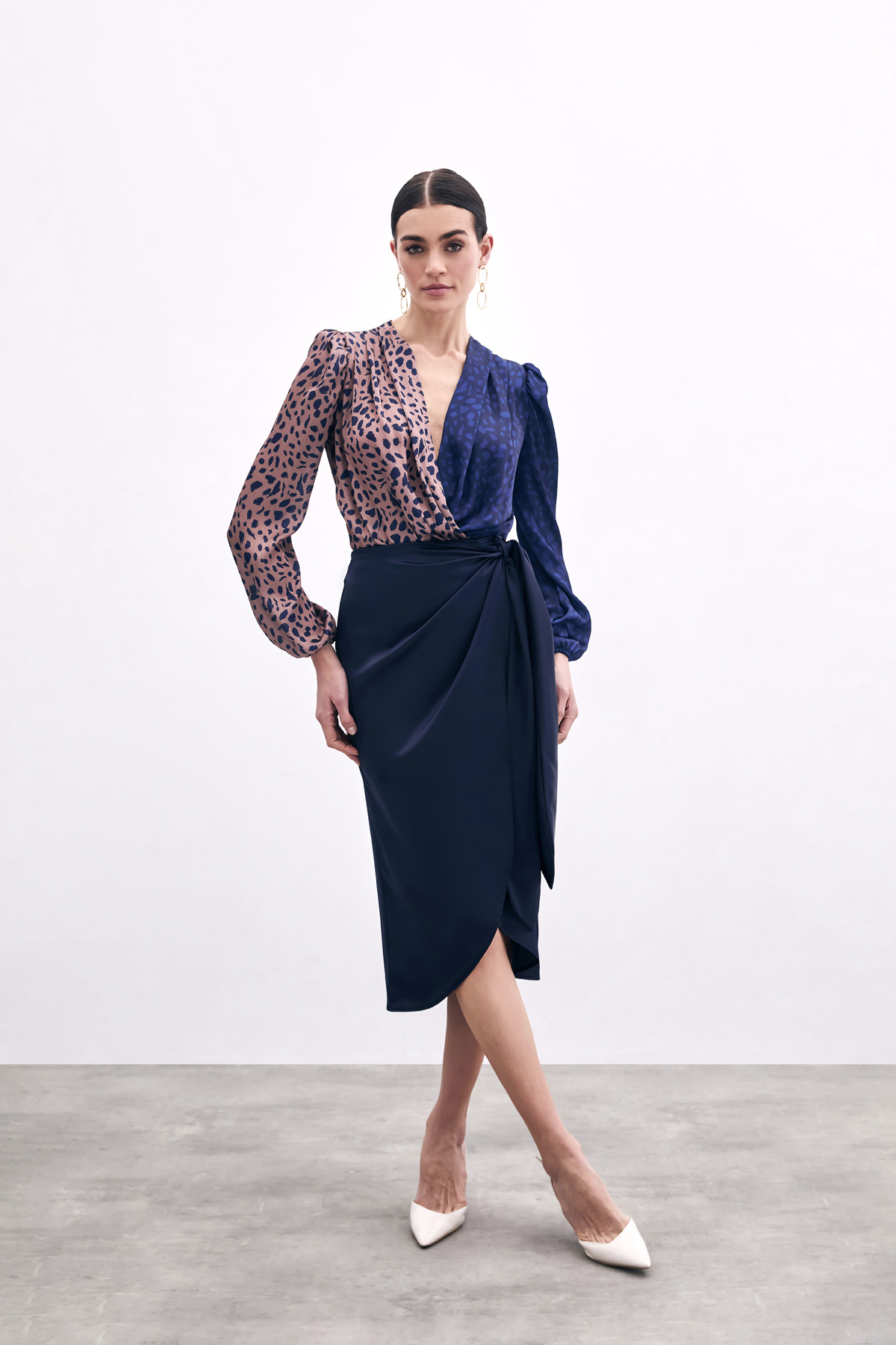 Kruvaze Desenli Bodysuit - Camel-Lacivert