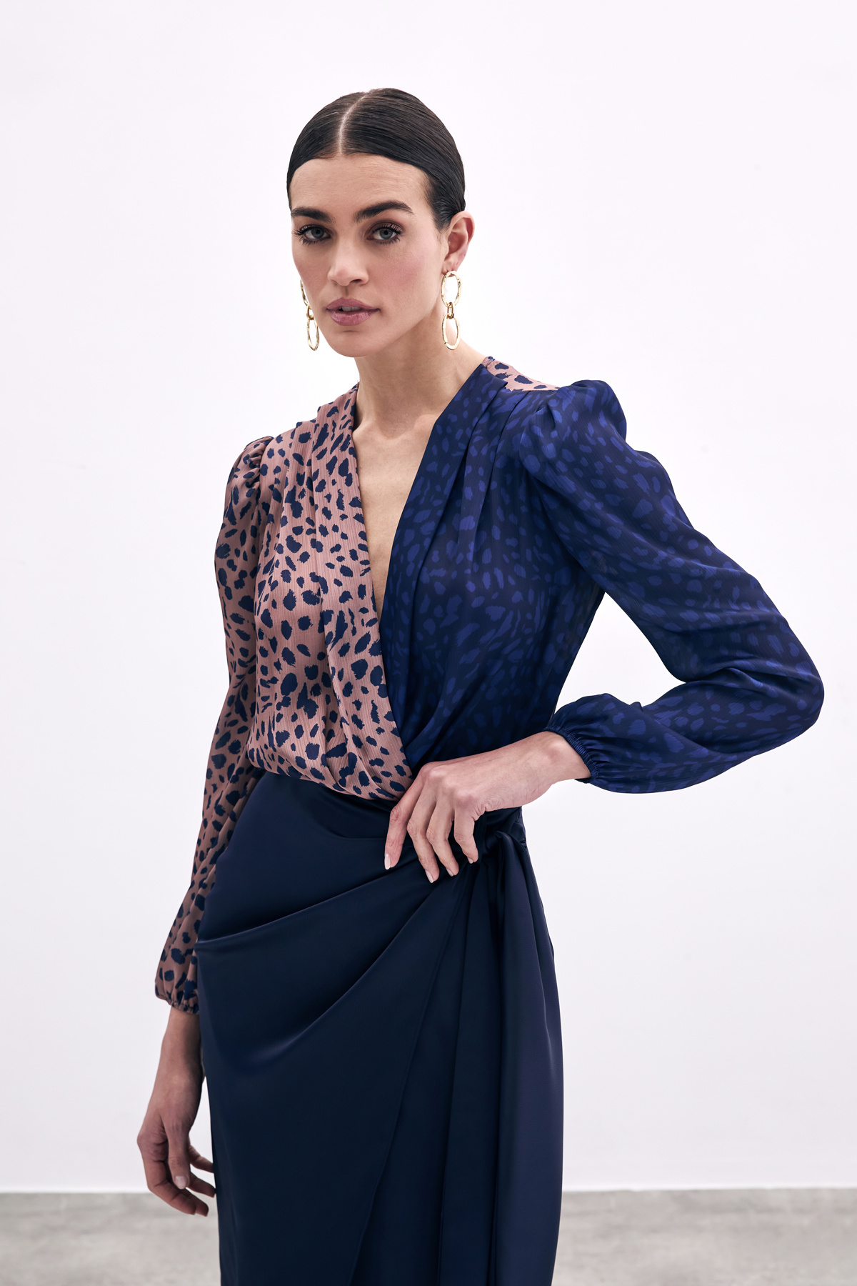 Kruvaze Desenli Bodysuit - Camel-Lacivert