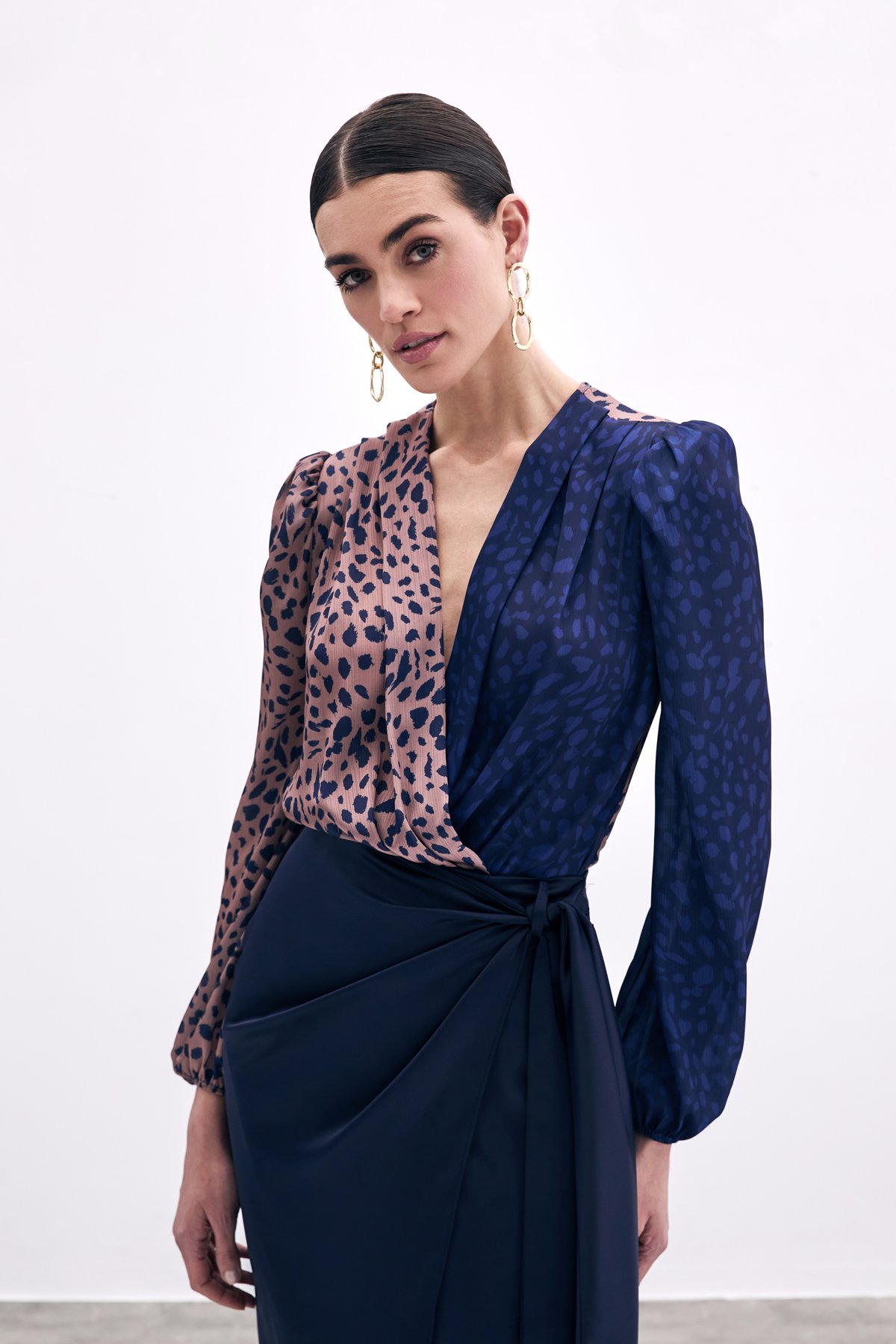 Kruvaze Desenli Bodysuit - Camel-Lacivert