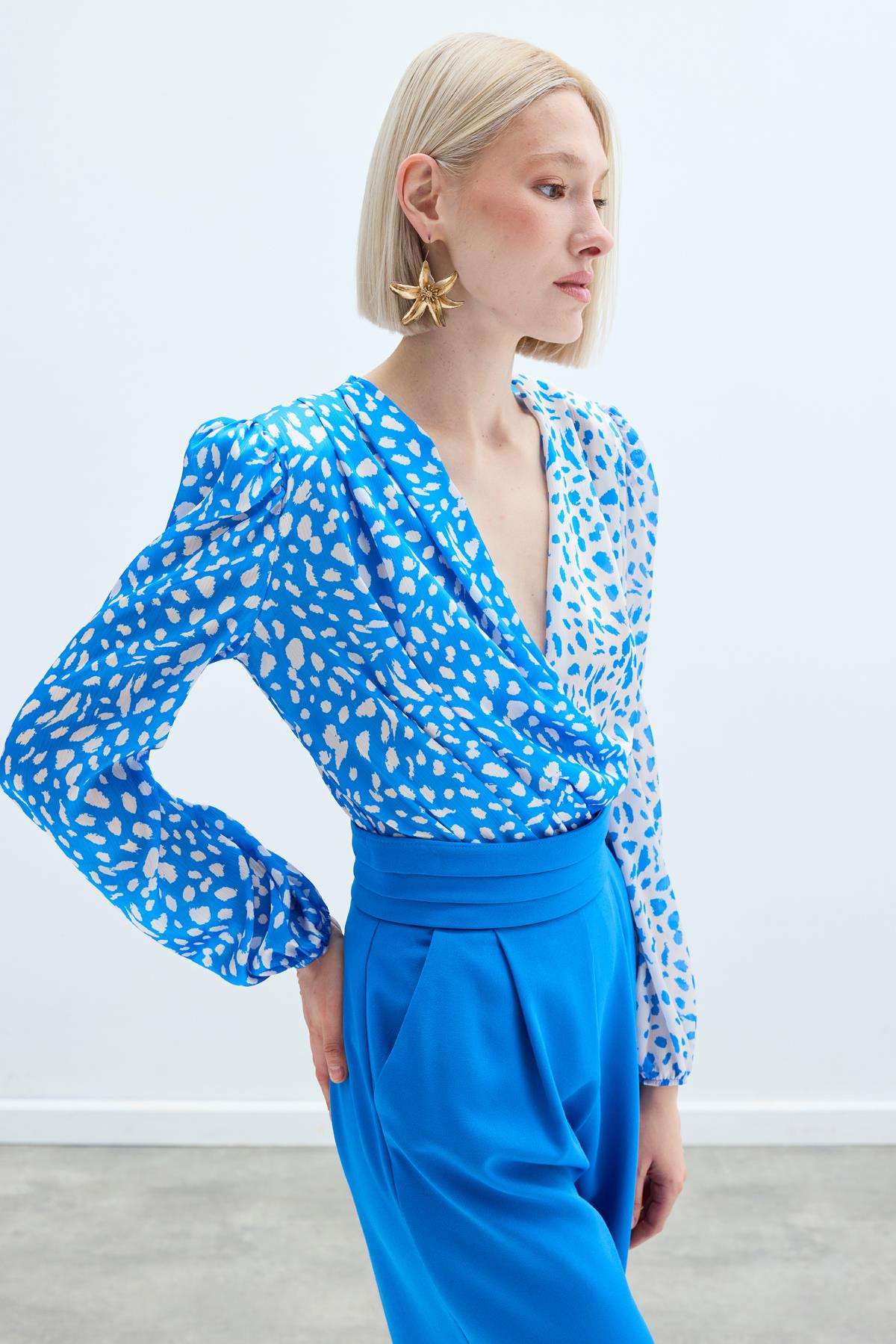 Kruvaze Desenli Bodysuit - Ekru-Lacivert