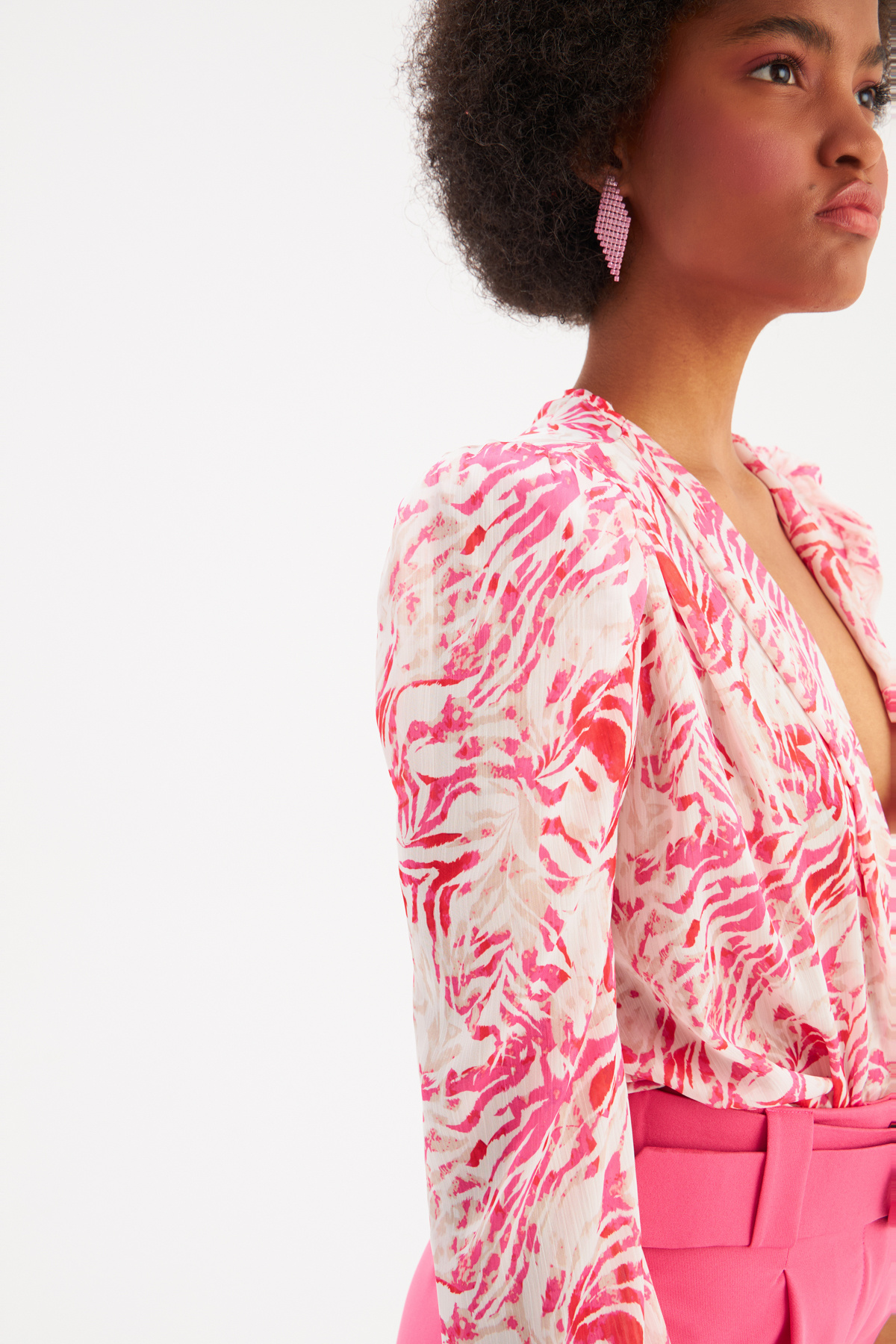 Kruvaze Desenli Bodysuit - FUŞYA