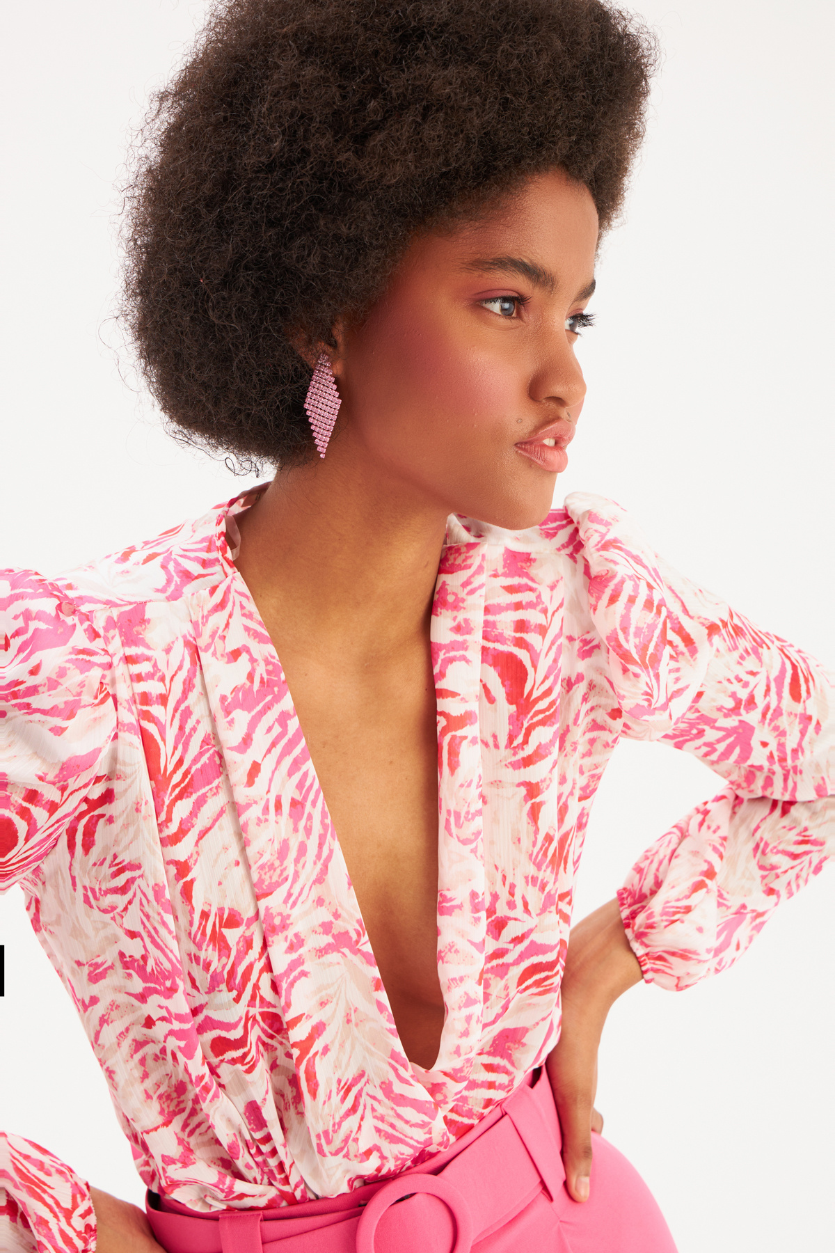 Kruvaze Desenli Bodysuit - FUŞYA