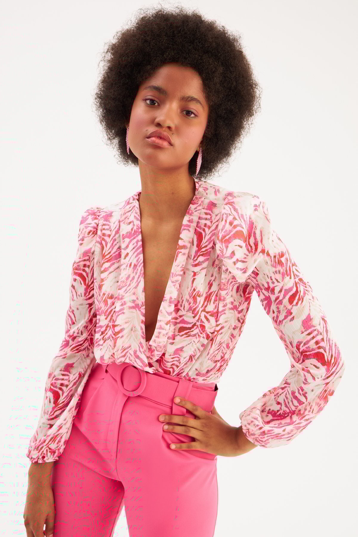 Kruvaze Desenli Bodysuit - FUŞYA