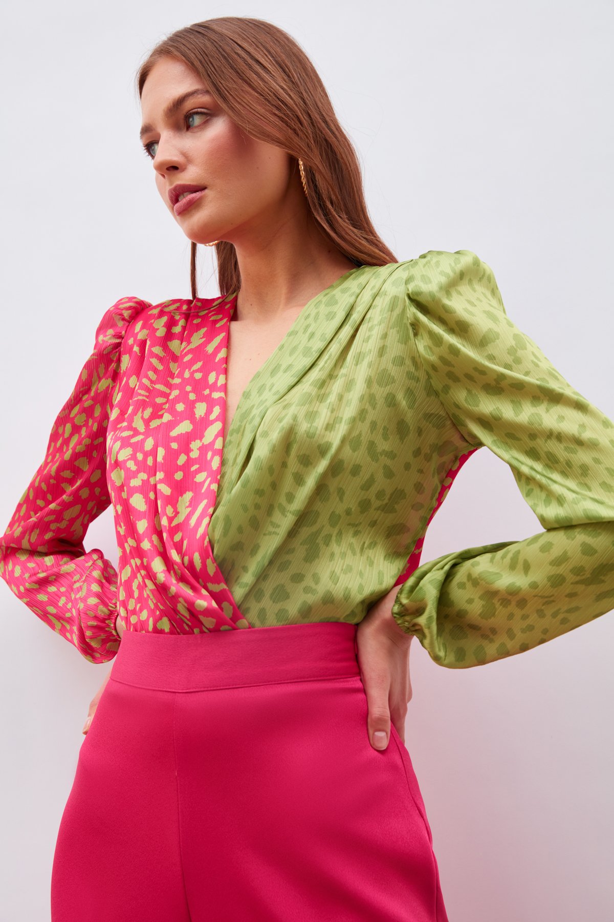 Kruvaze Desenli Bodysuit - FUŞYA-YAĞ YEŞİLİ