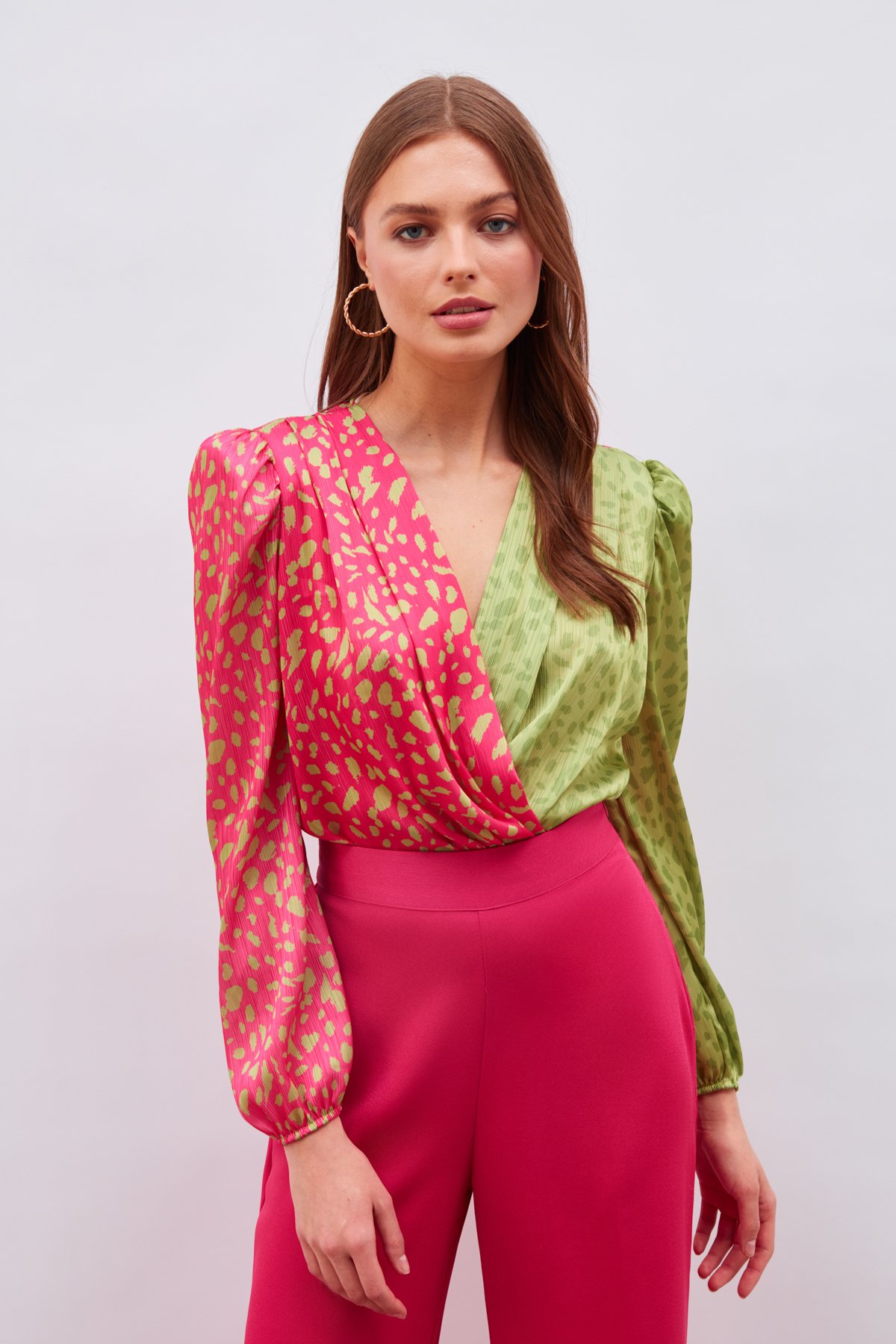 Kruvaze Desenli Bodysuit - FUŞYA-YAĞ YEŞİLİ