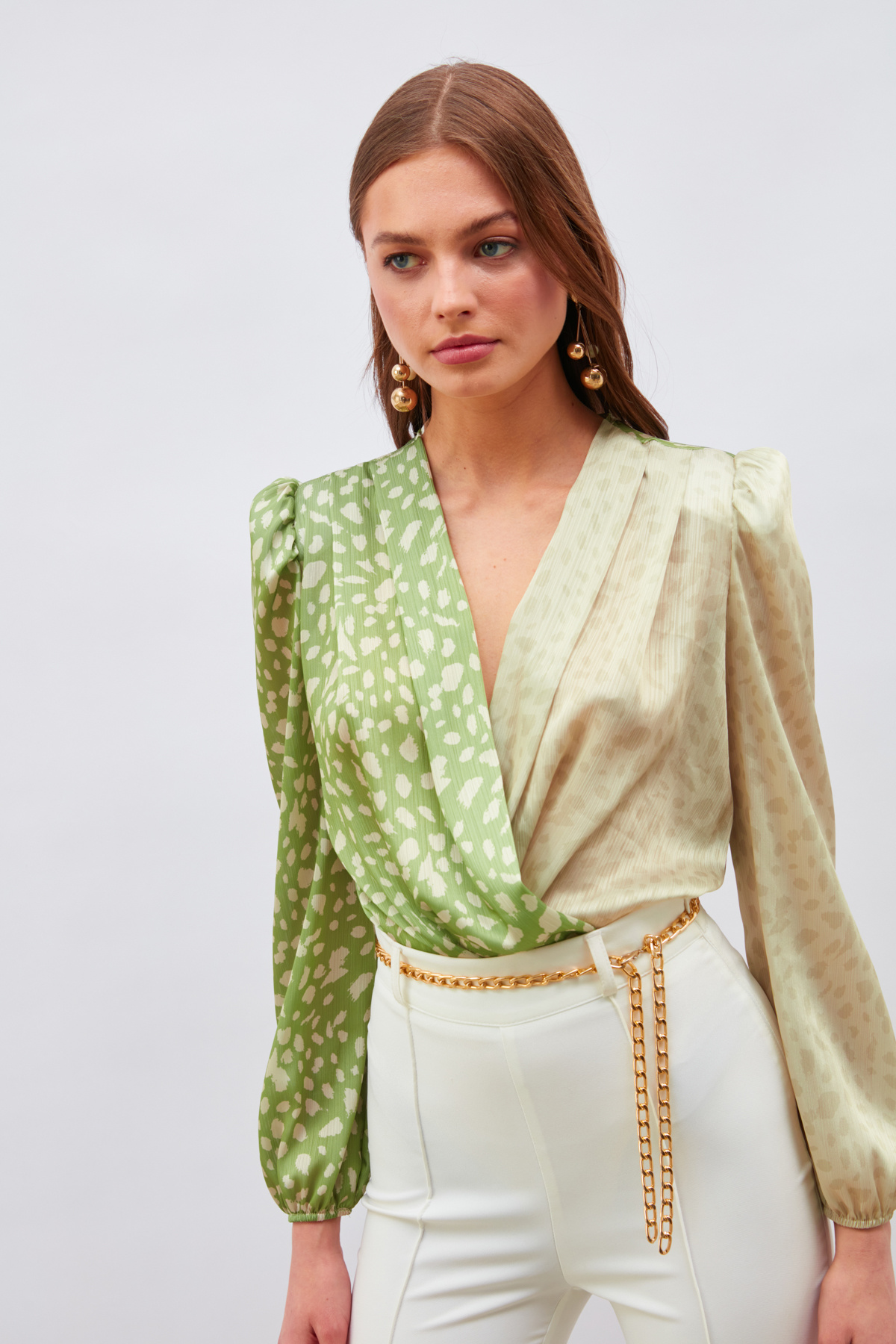 Kruvaze Desenli Bodysuit - HAKİ-BEJ