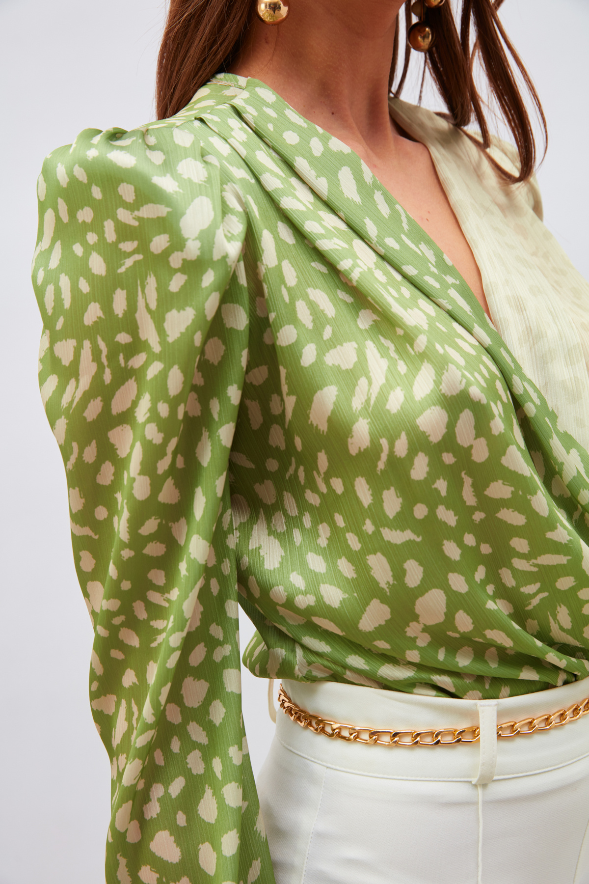 Kruvaze Desenli Bodysuit - HAKİ-BEJ