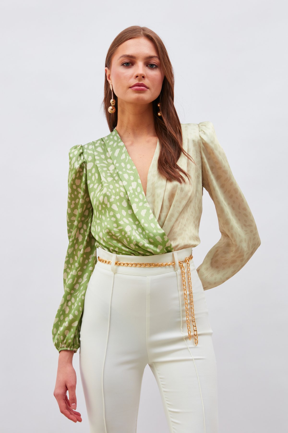 Kruvaze Desenli Bodysuit - HAKİ-BEJ