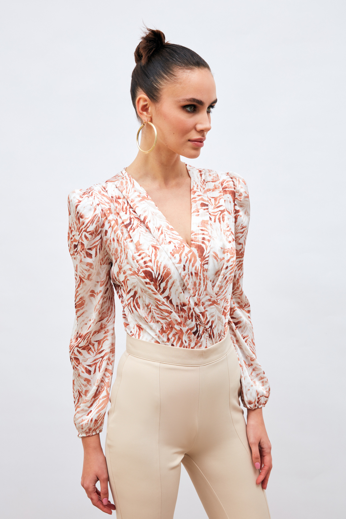 Kruvaze Desenli Bodysuit - KAHVE