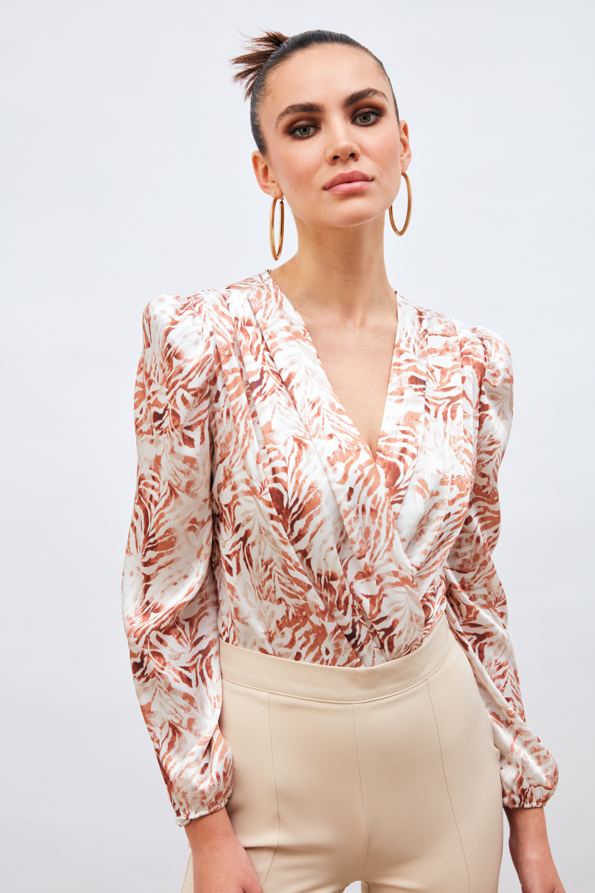 Kruvaze Desenli Bodysuit - KAHVE