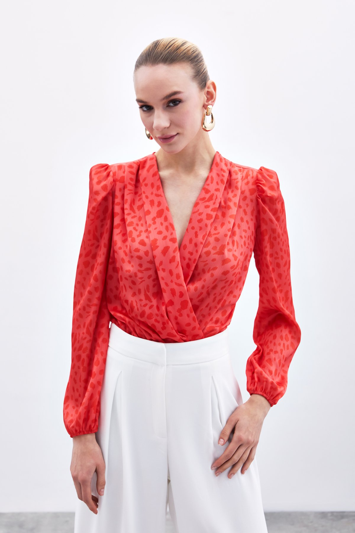 Kruvaze Desenli Bodysuit - Kırmızı