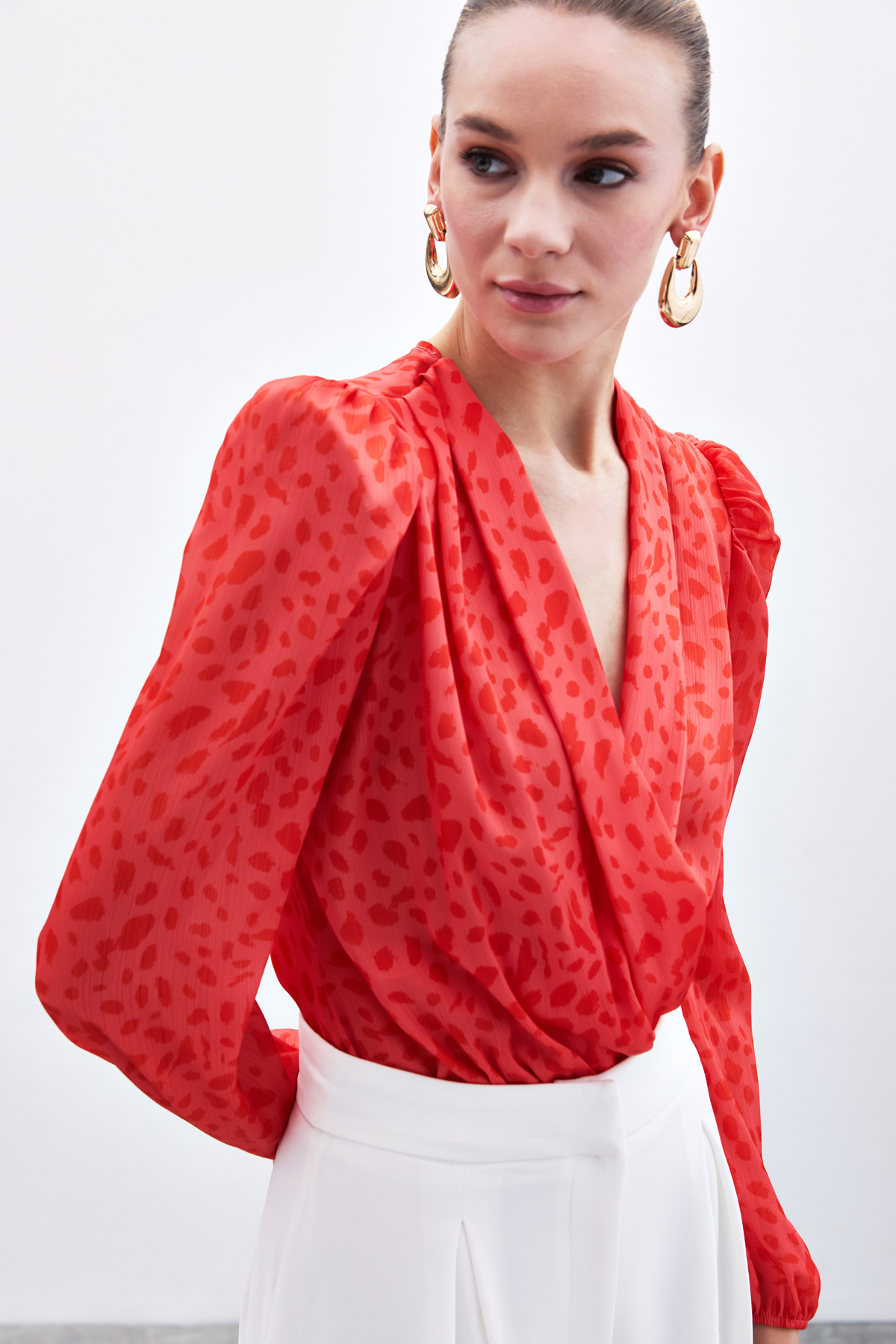 Kruvaze Desenli Bodysuit - Kırmızı