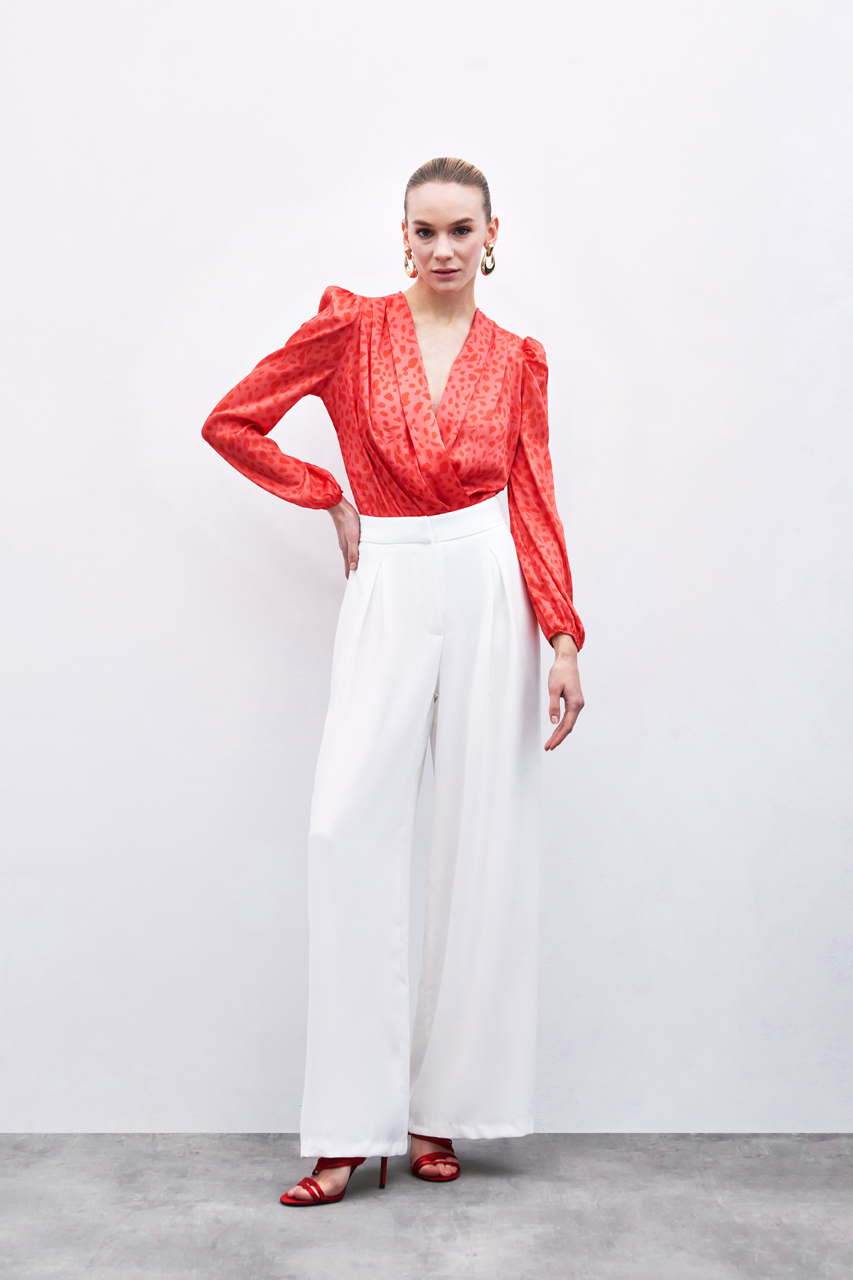 Kruvaze Desenli Bodysuit - Kırmızı