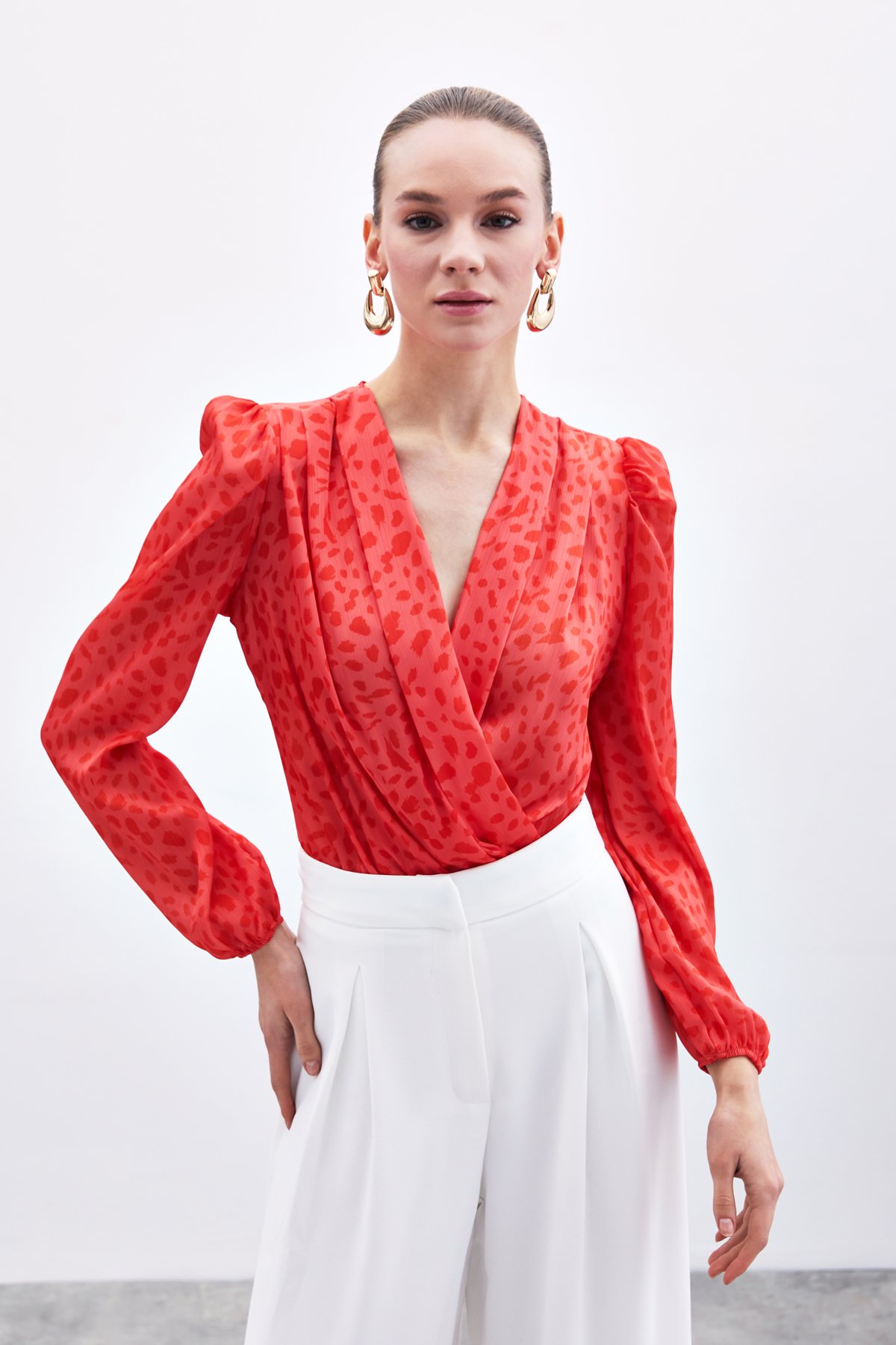 Kruvaze Desenli Bodysuit - Kırmızı