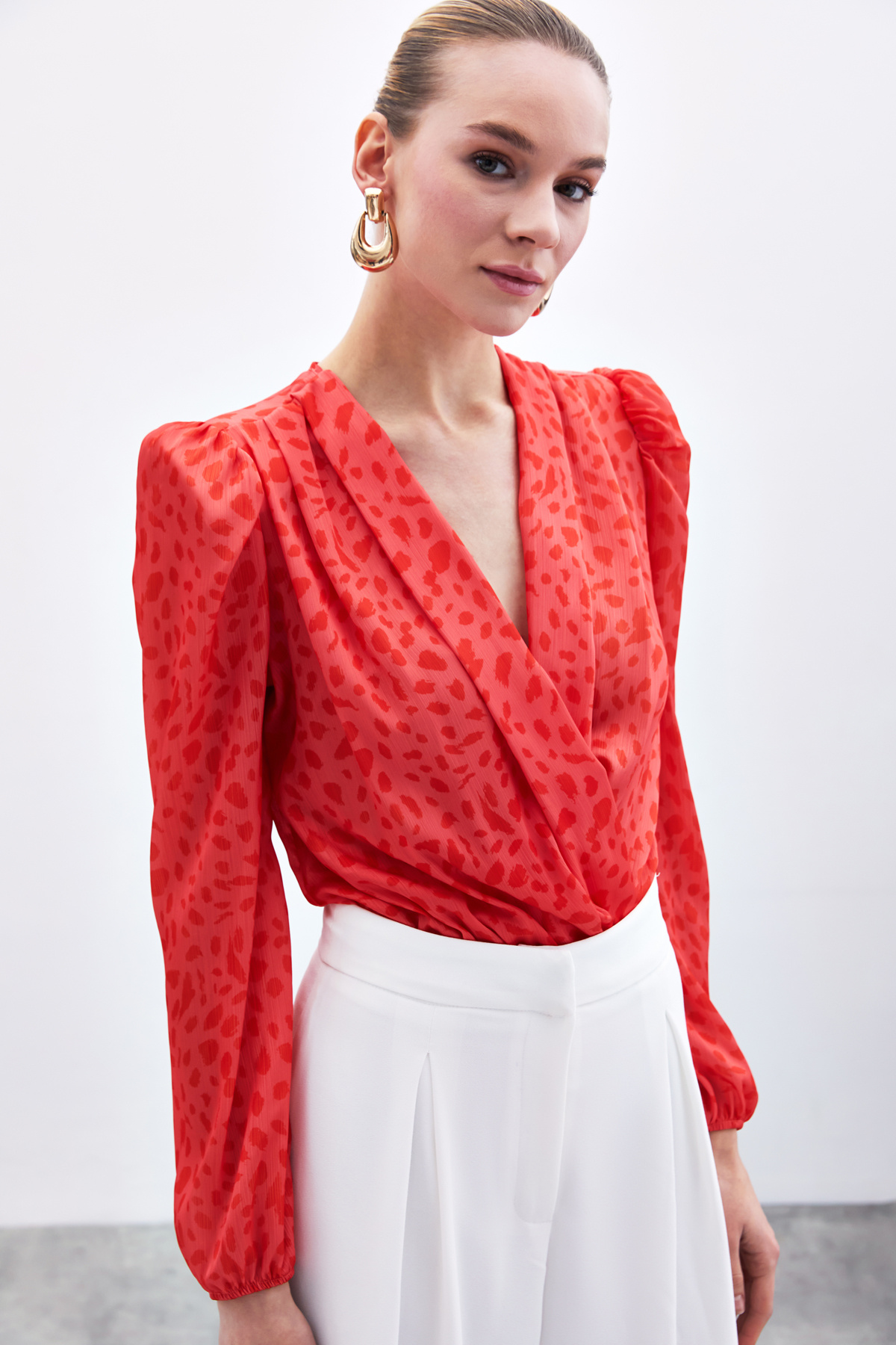 Kruvaze Desenli Bodysuit - Kırmızı