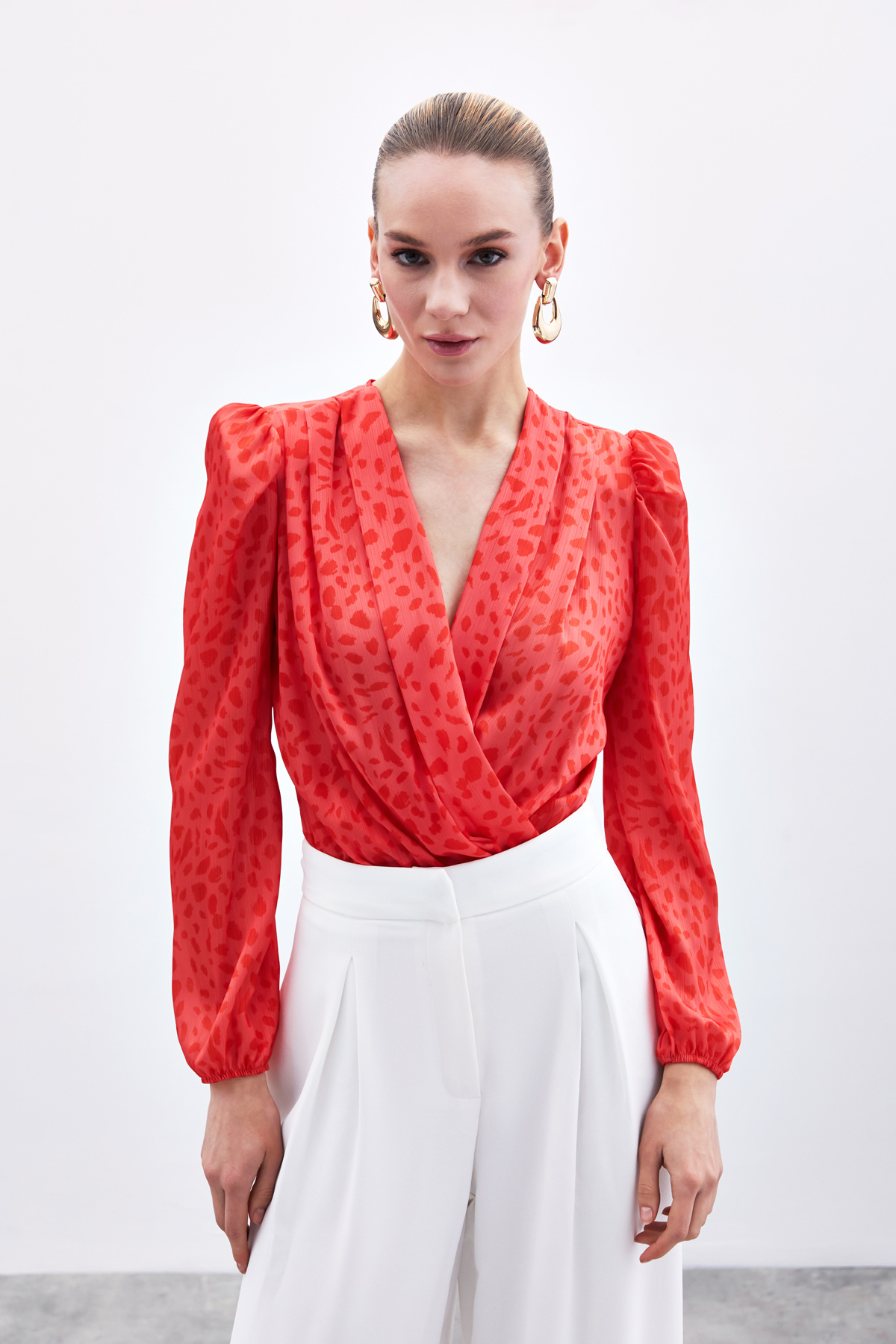 Kruvaze Desenli Bodysuit - Kırmızı