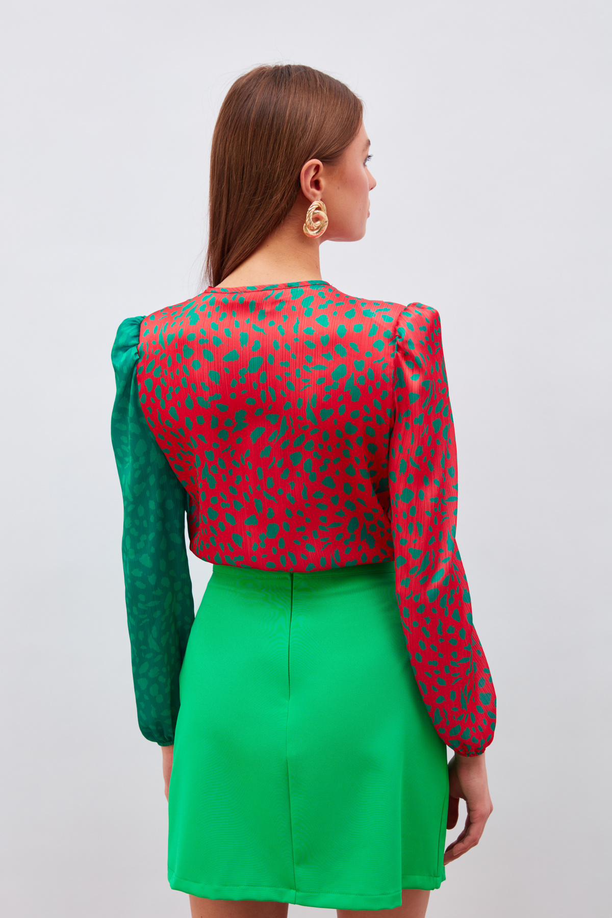 Kruvaze Desenli Bodysuit - KIRMIZI-KOYU YEŞİL