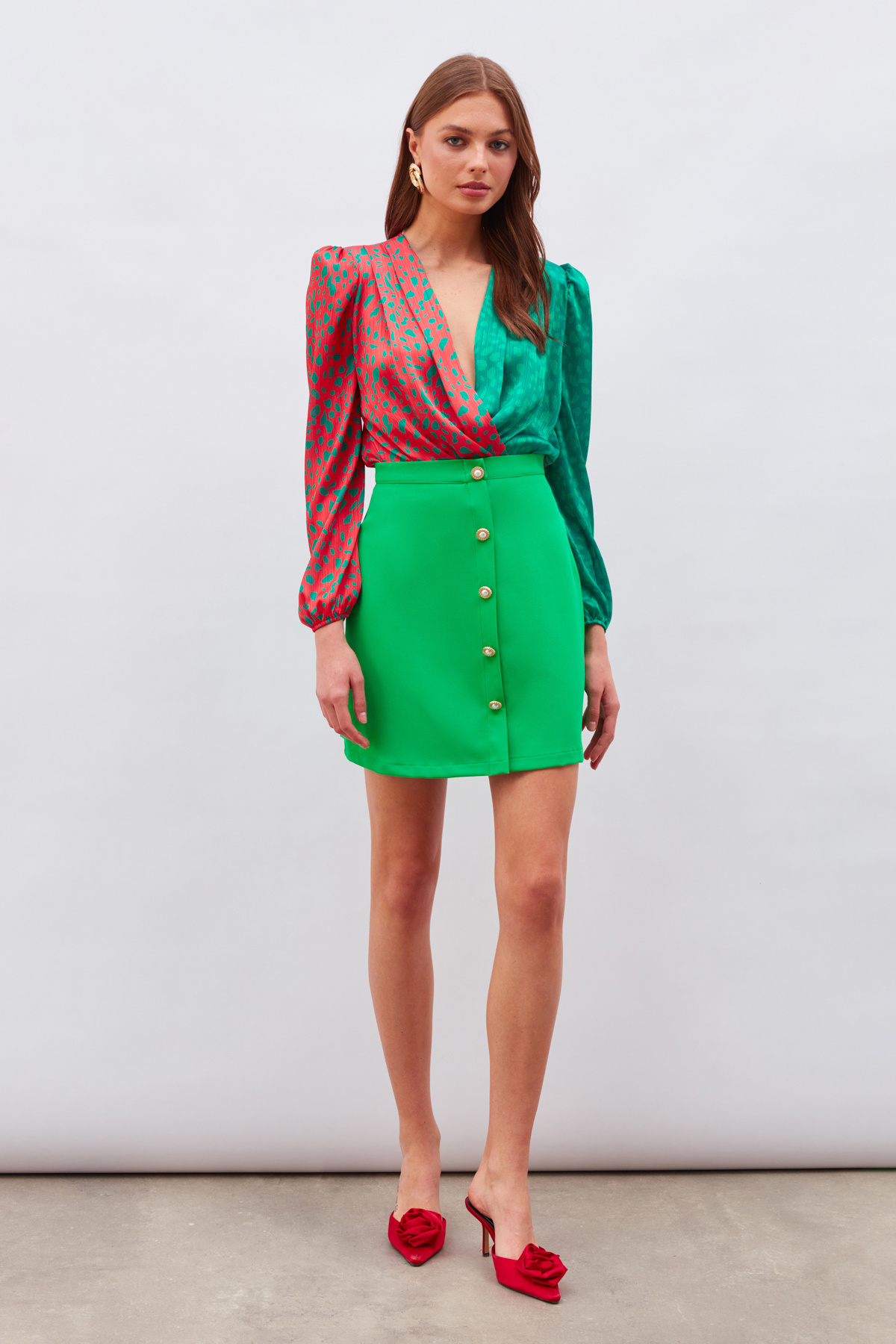 Kruvaze Desenli Bodysuit - KIRMIZI-KOYU YEŞİL