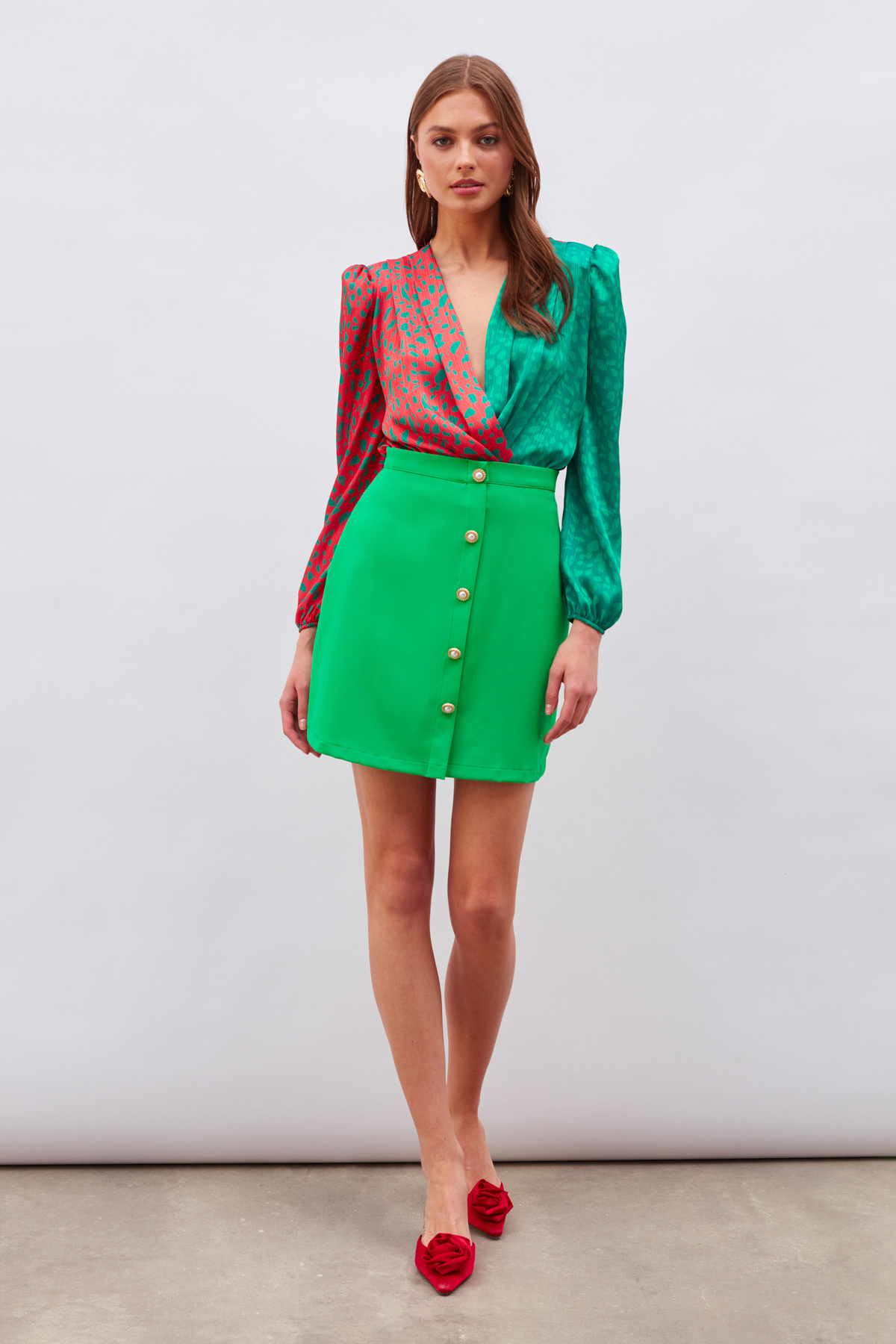 Kruvaze Desenli Bodysuit - KIRMIZI-KOYU YEŞİL