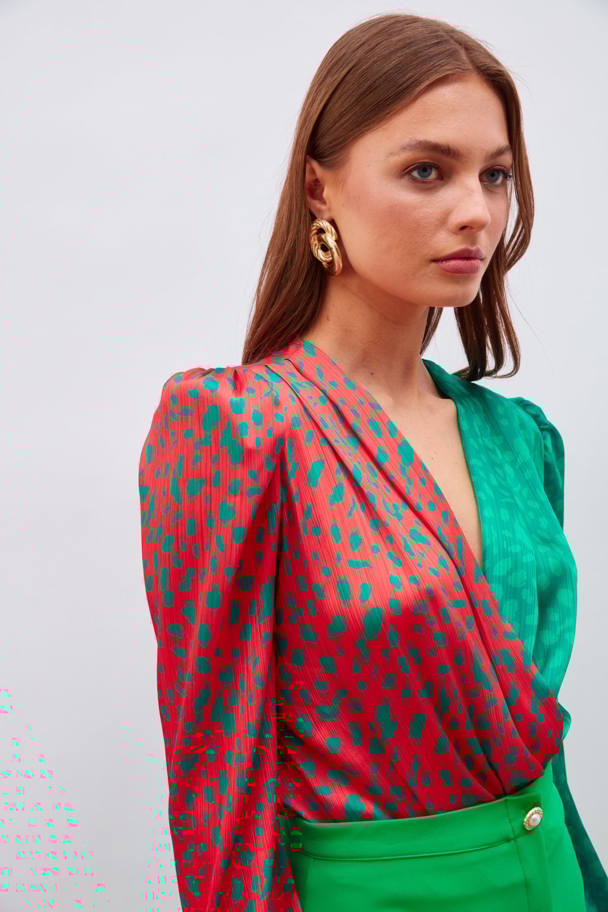 Kruvaze Desenli Bodysuit - KIRMIZI-KOYU YEŞİL