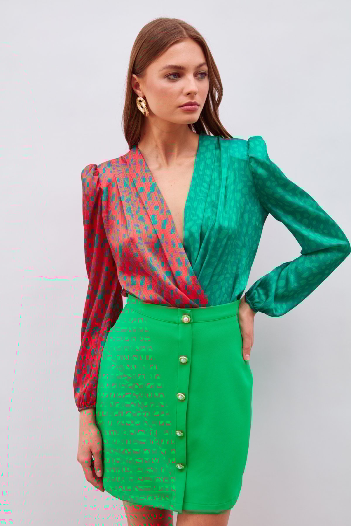 Kruvaze Desenli Bodysuit - KIRMIZI-KOYU YEŞİL