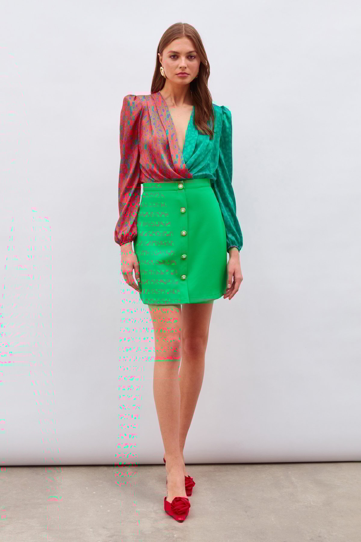 Kruvaze Desenli Bodysuit - KIRMIZI-KOYU YEŞİL