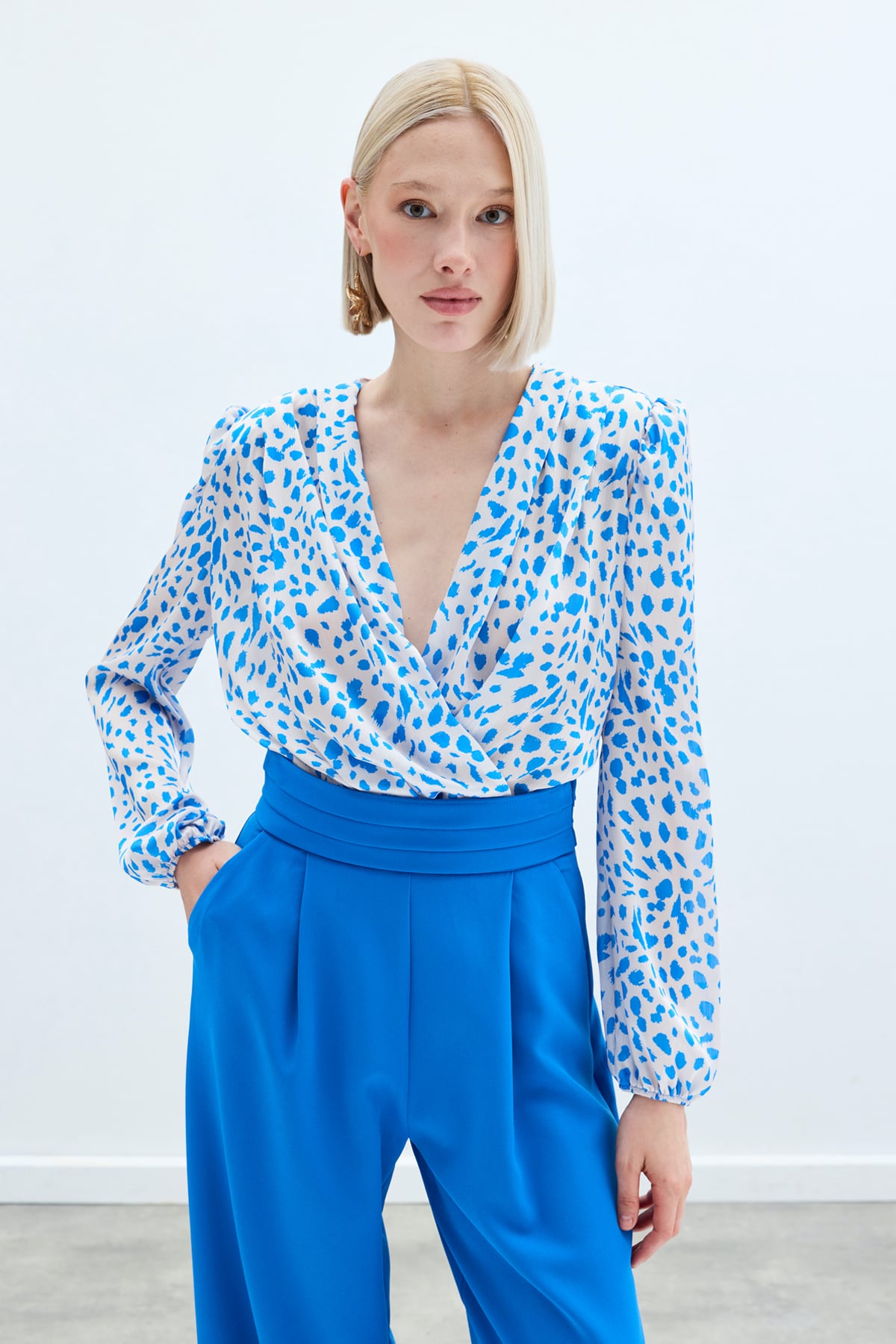 Kruvaze Desenli Bodysuit - Lacivert