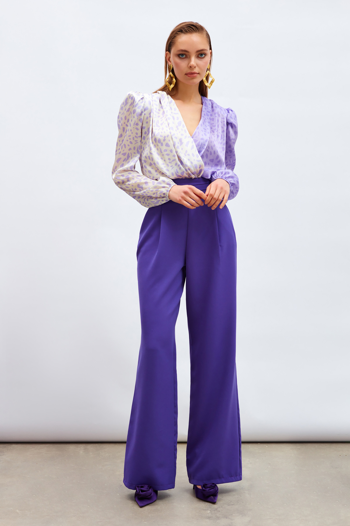 Kruvaze Desenli Bodysuit - LİLA-EKRU