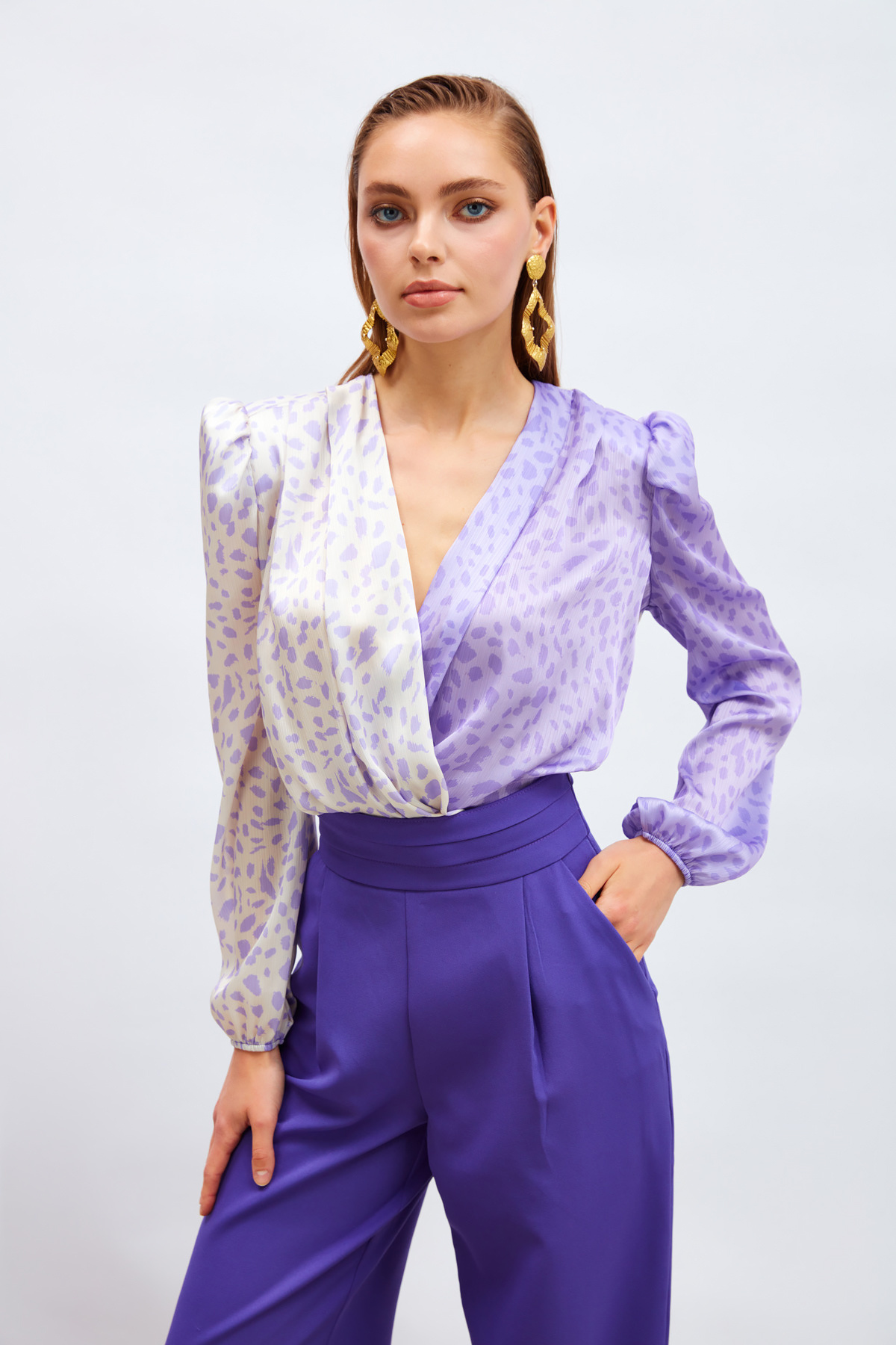 Kruvaze Desenli Bodysuit - LİLA-EKRU
