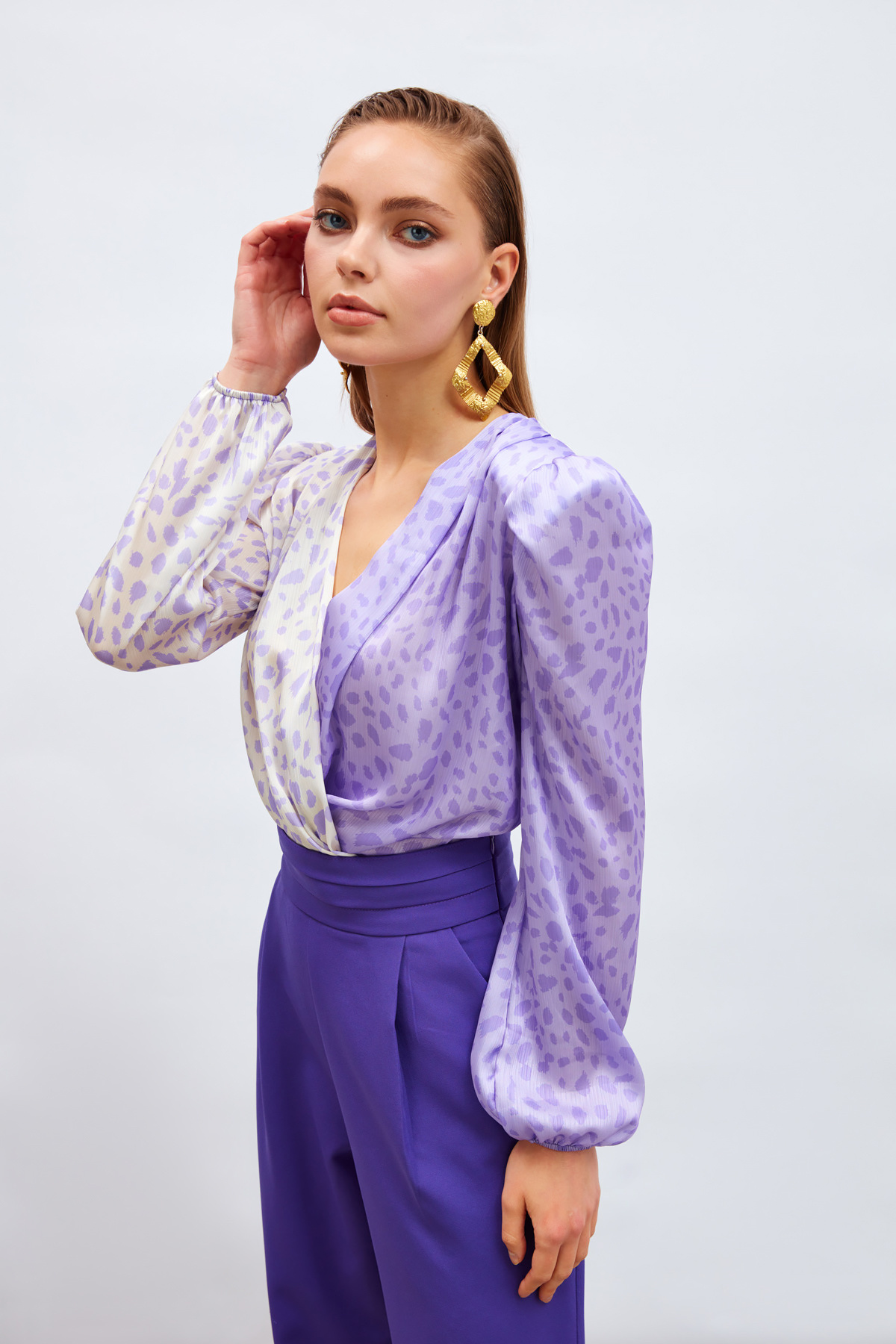 Kruvaze Desenli Bodysuit - LİLA-EKRU