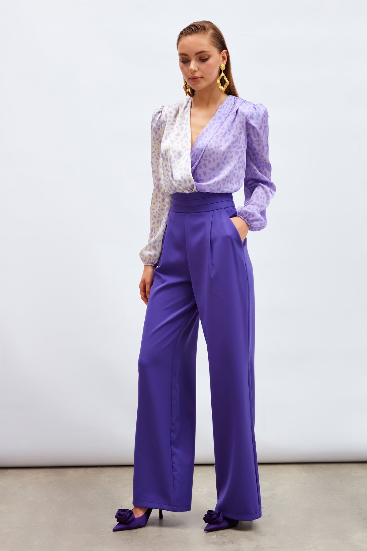 Kruvaze Desenli Bodysuit - LİLA-EKRU