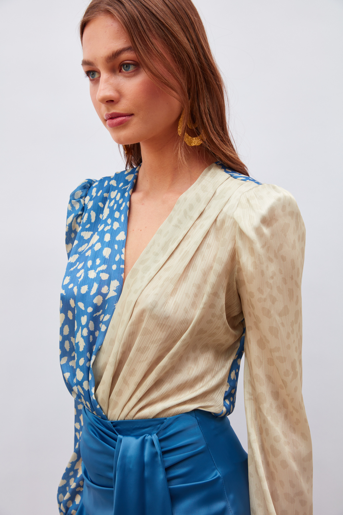 Kruvaze Desenli Bodysuit - MAVİ-BEJ