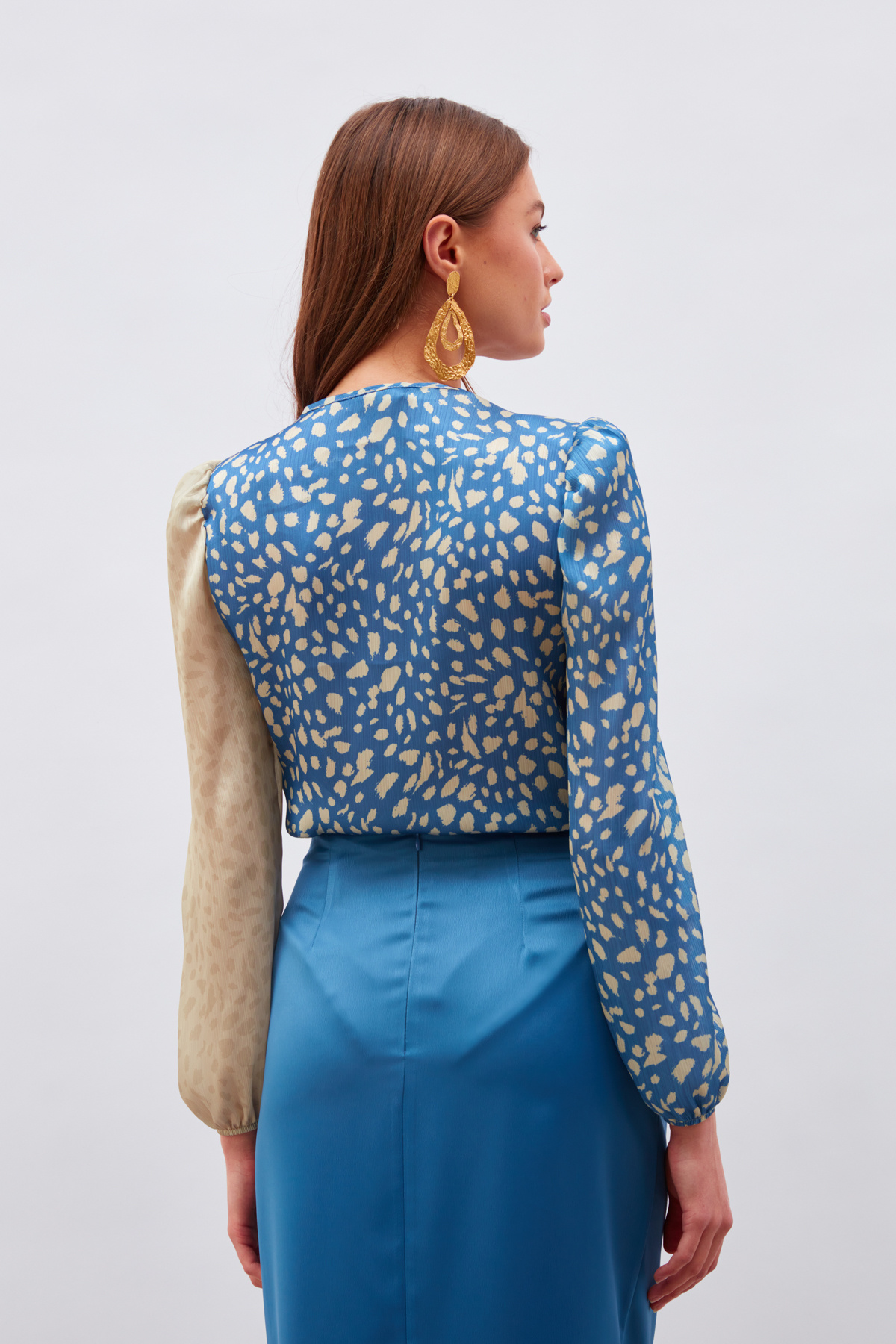 Kruvaze Desenli Bodysuit - MAVİ-BEJ