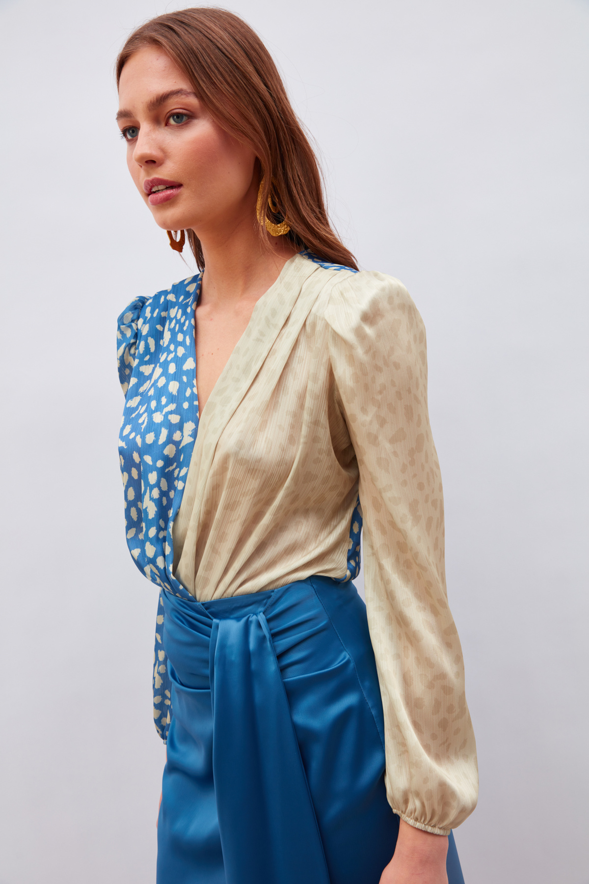 Kruvaze Desenli Bodysuit - MAVİ-BEJ