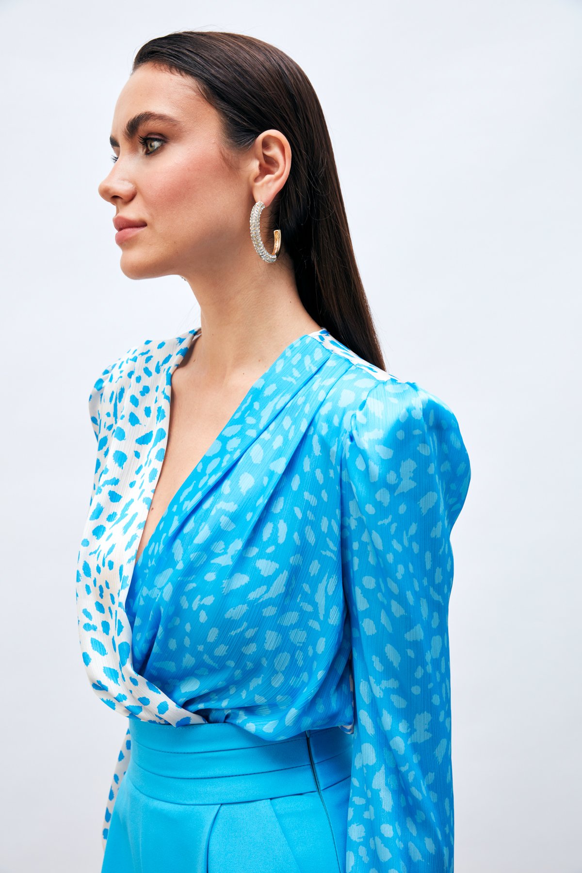 Kruvaze Desenli Bodysuit - MAVİ-EKRU