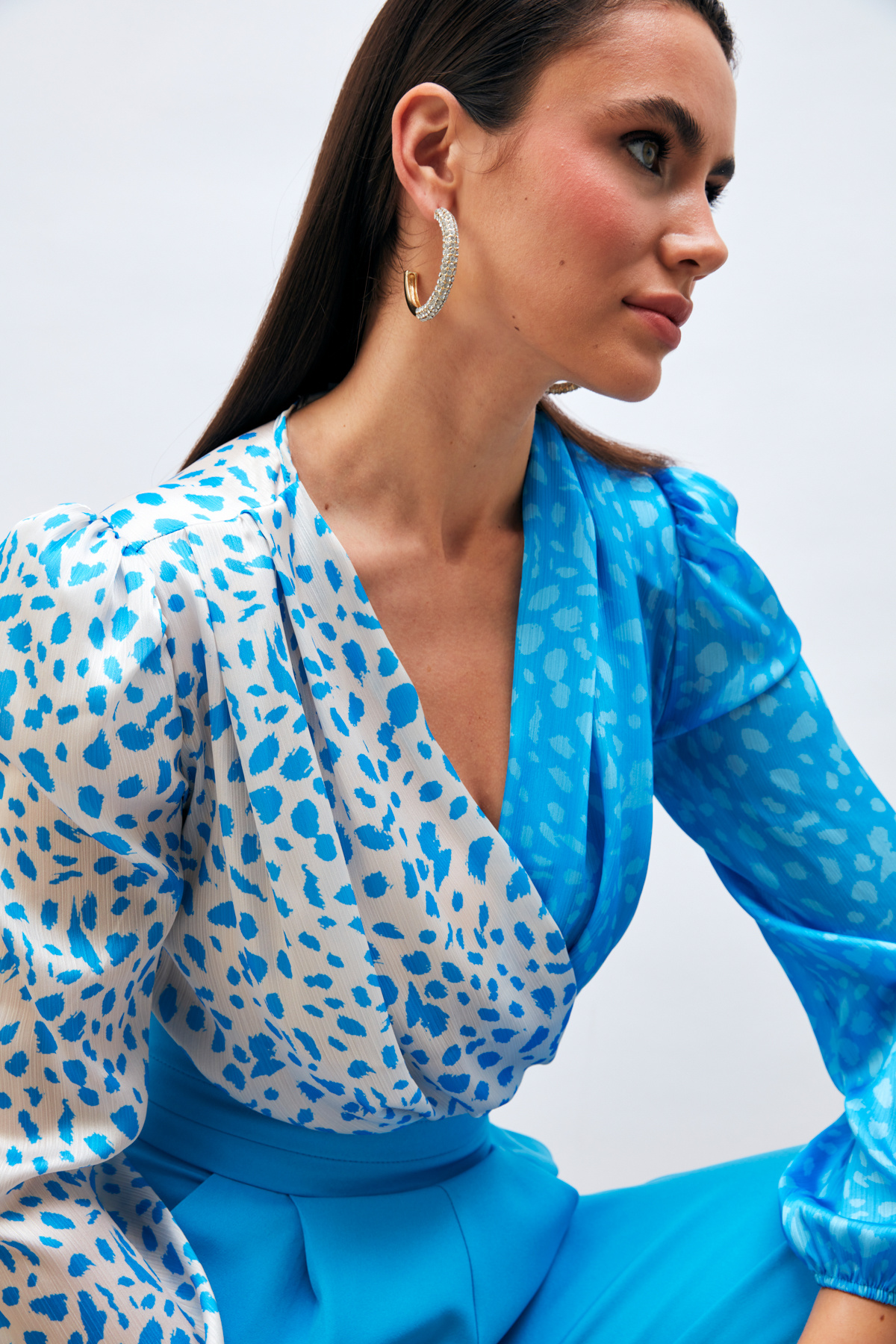 Kruvaze Desenli Bodysuit - MAVİ-EKRU